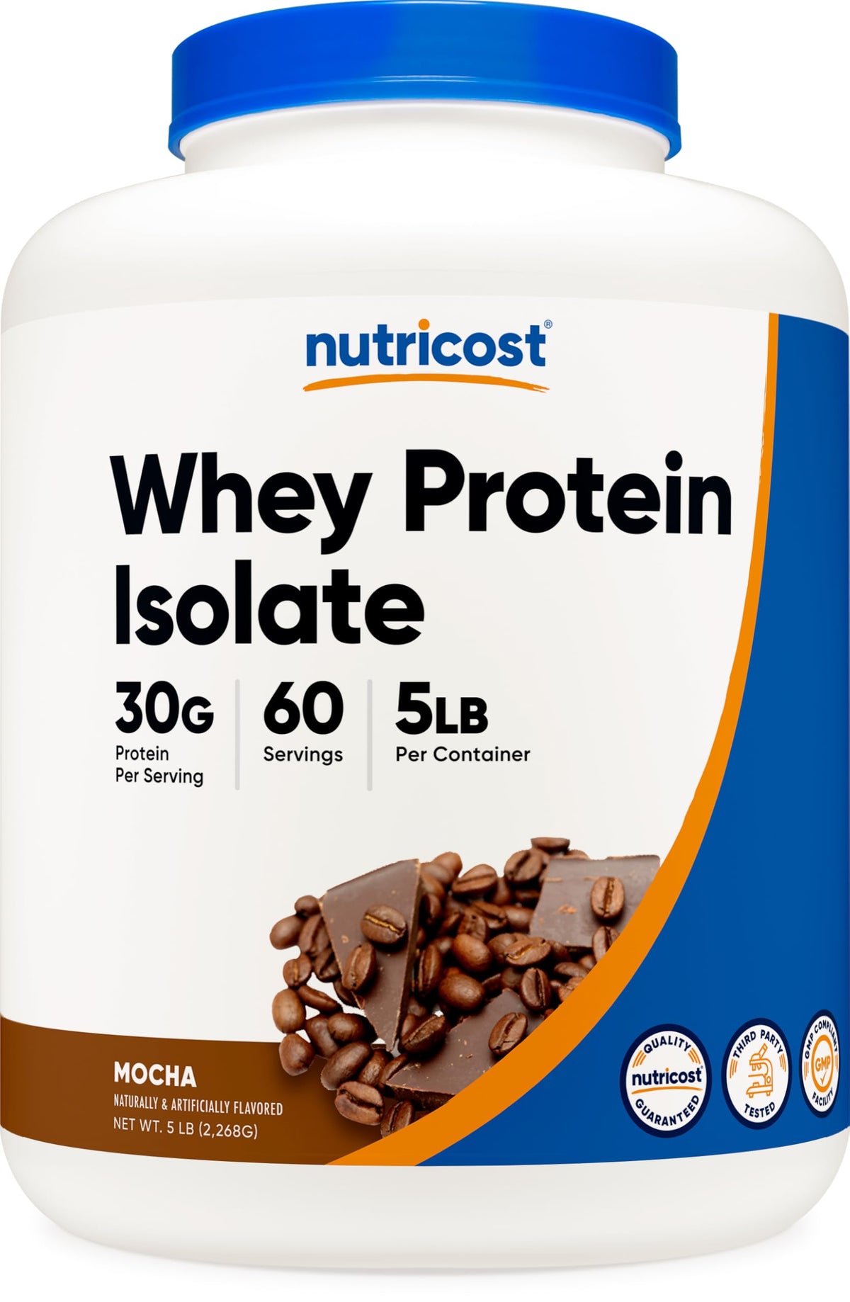 Nutricost Whey Protein Isolate Mocha, pot visible, arôme moka pour une collation protéinée.