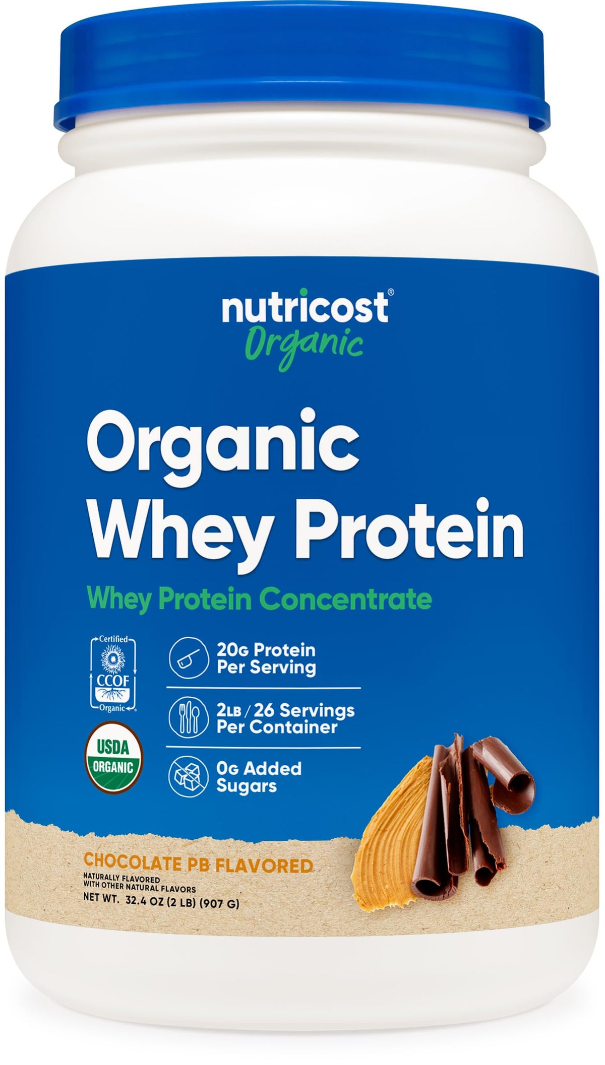 Nutricost Protéine Whey Concentre chocolat beurre de cacahuète, shake délicieux et nourrissant.