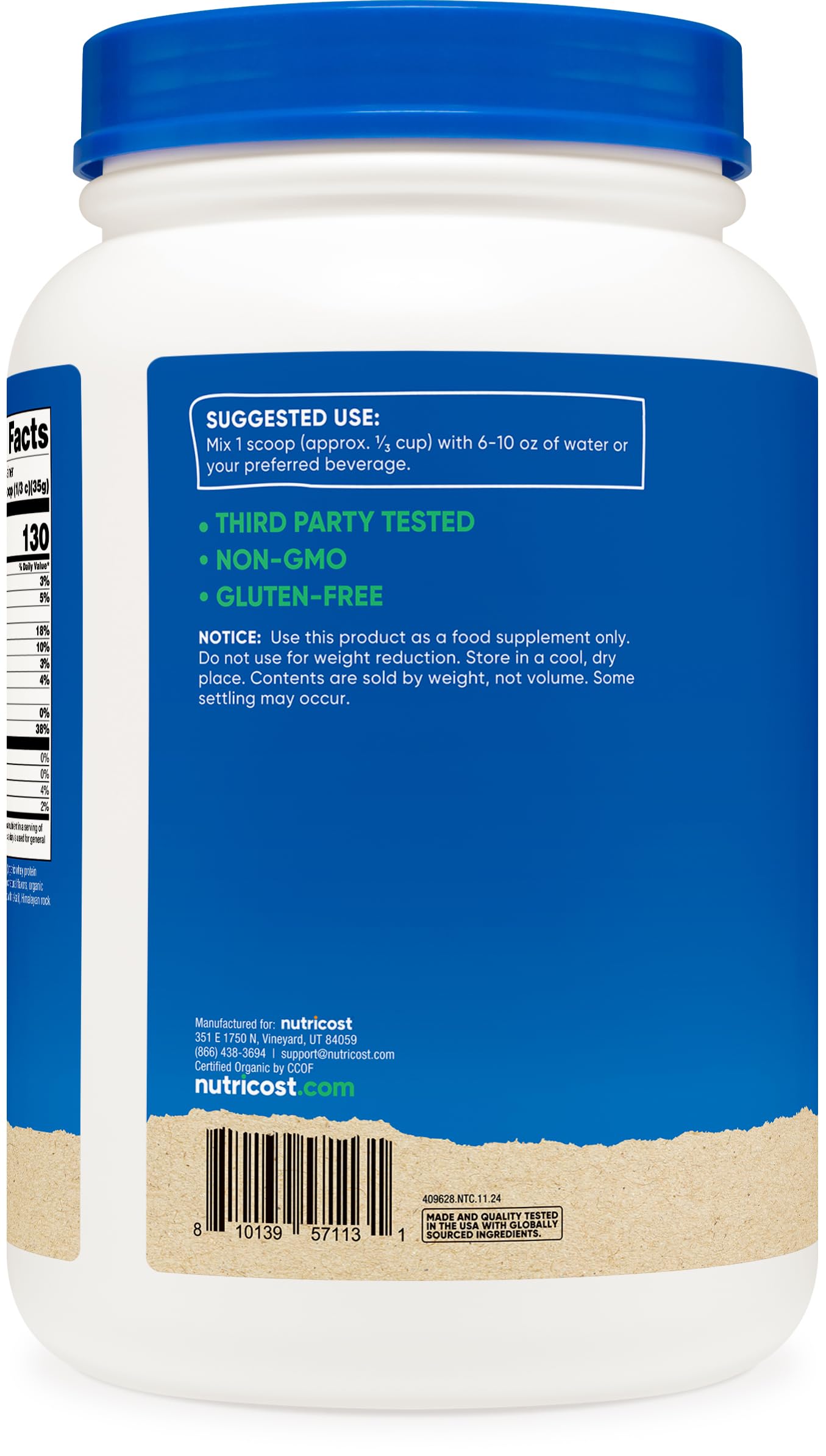 Nutricost Protéine Whey Concentre non-OGM, ingrédients triés pour une nutrition claire.