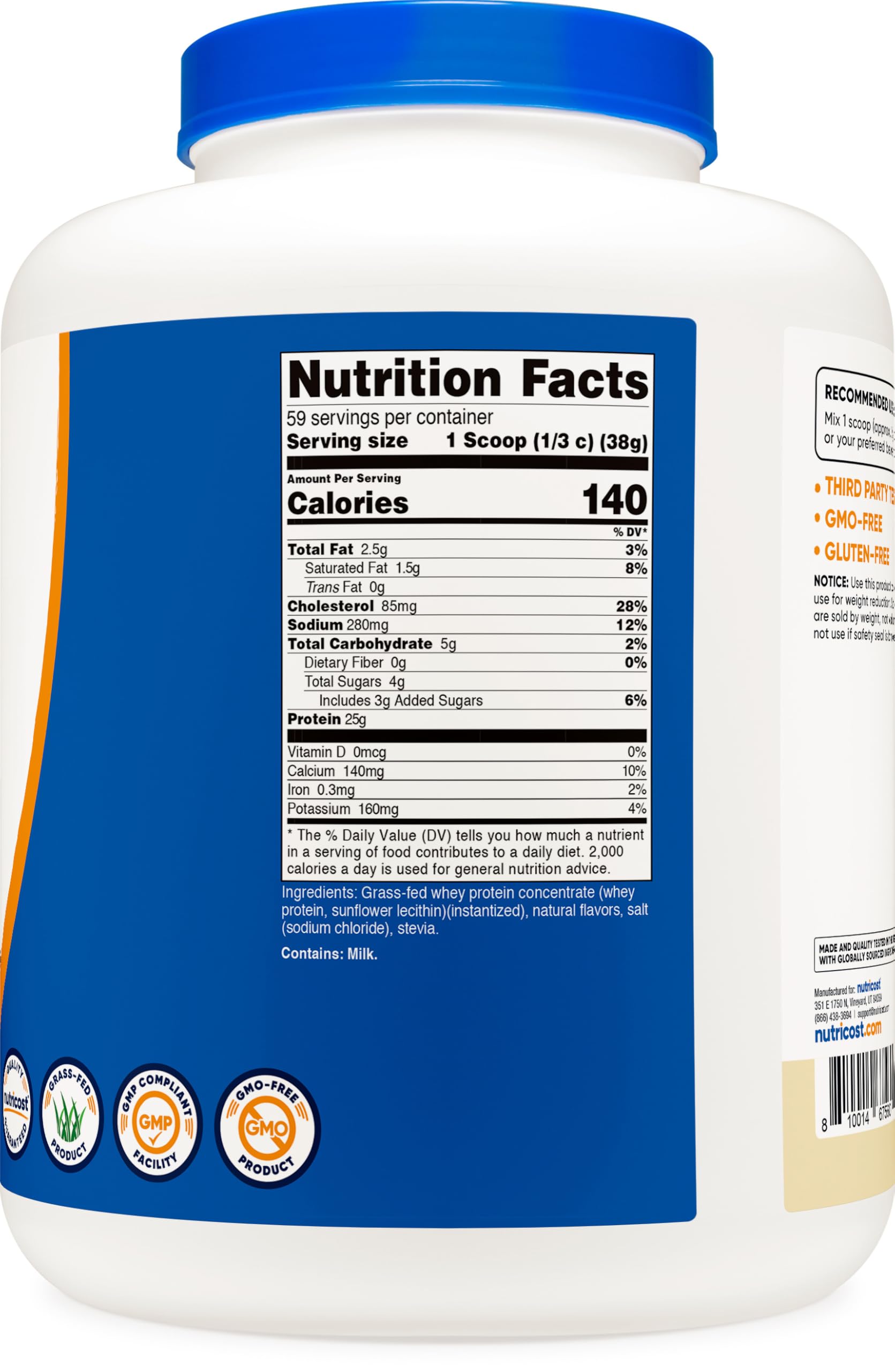 Nutricost whey vanille sans rBGH, édulcorants naturels.