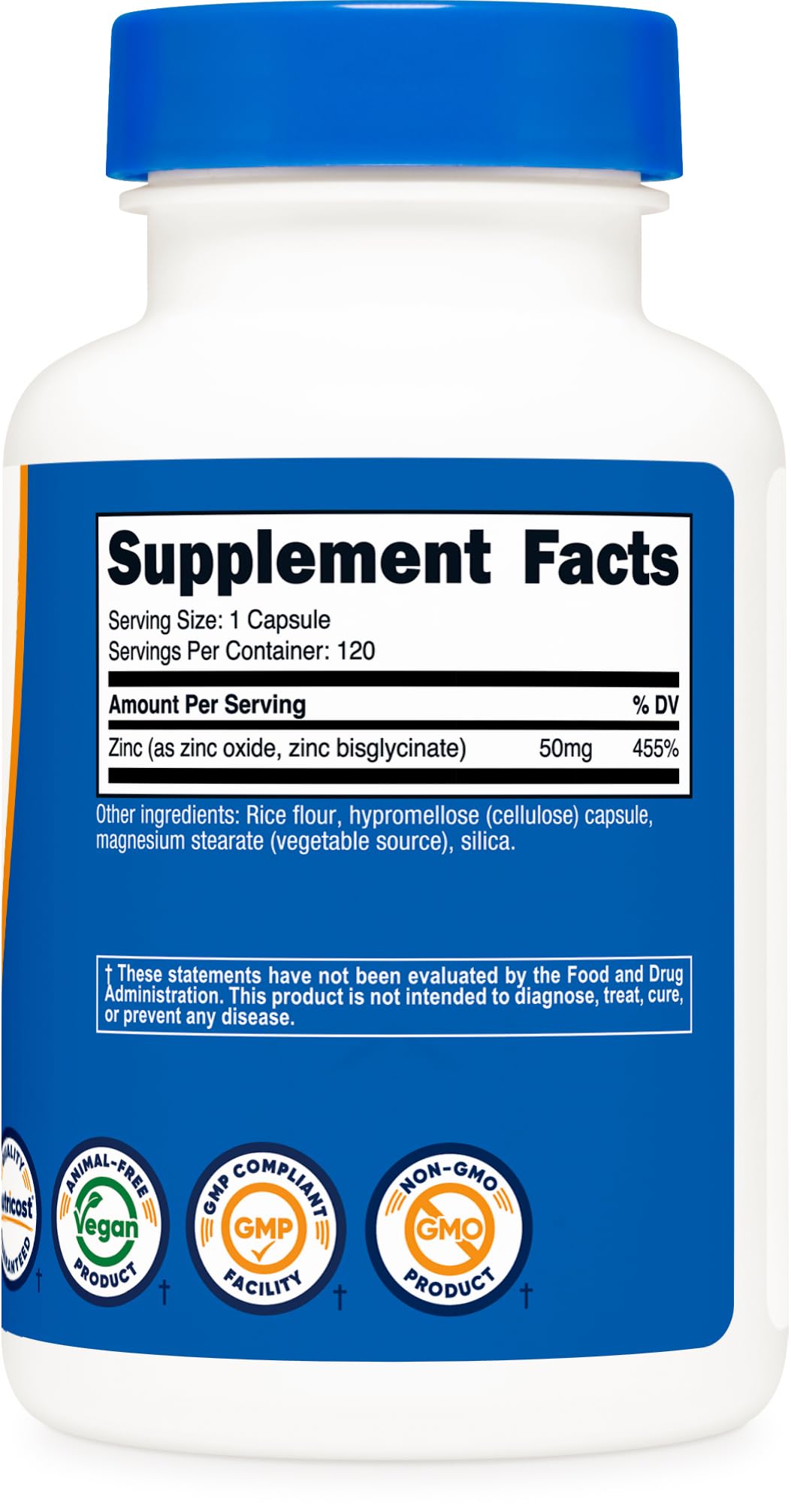 Nutricost Zinc Bisglycinate 50 mg, vue détaillée des gélules véganes pour routine saine.
