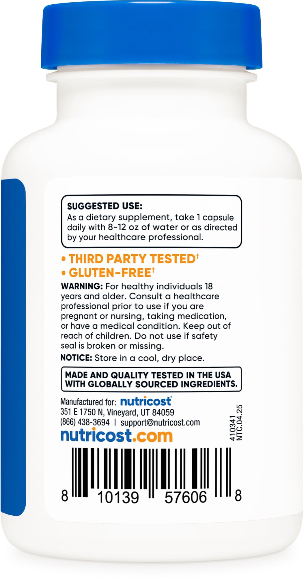 Nutricost Zinc Bisglycinate 50 mg, dose quotidienne recommandée sur le flacon.