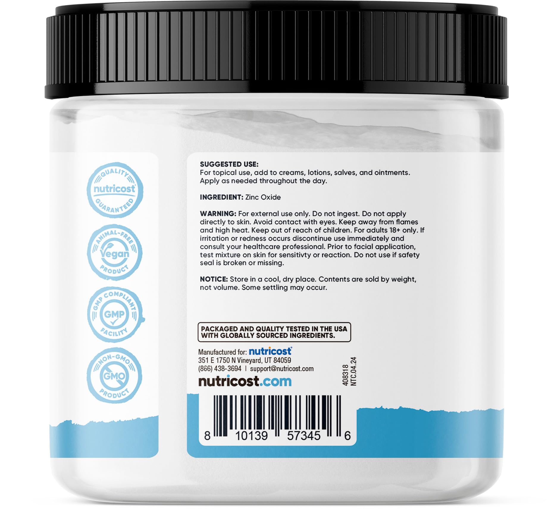 Nutricost Zinc Oxide Poudre emballage GMP — fabrication sûre et contrôle qualité