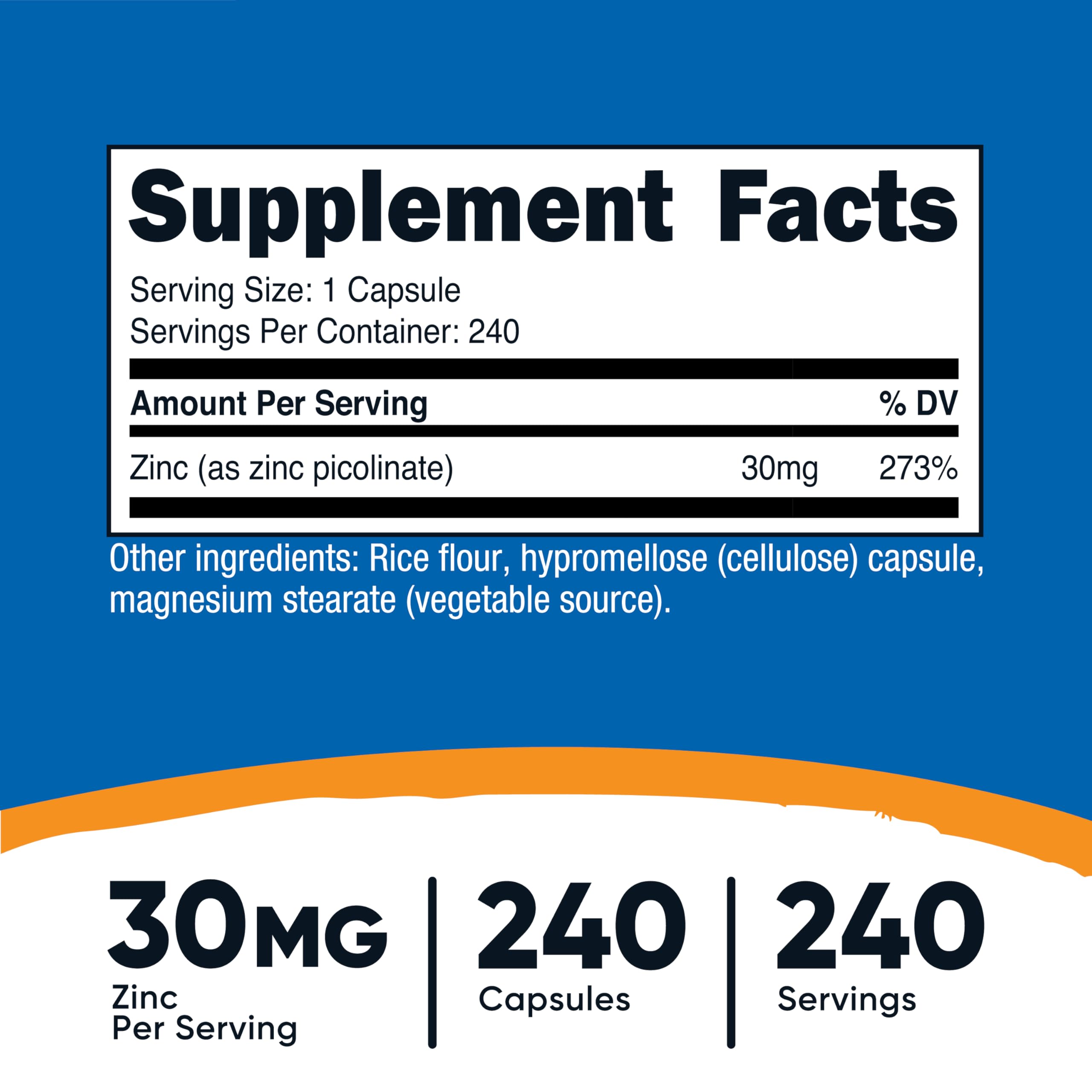Capsules Nutricost Zinc Picolinate 30 mg – dosage quotidien pratique et sans gluten.