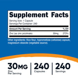 Capsules Nutricost Zinc Picolinate 30 mg – dosage quotidien pratique et sans gluten.