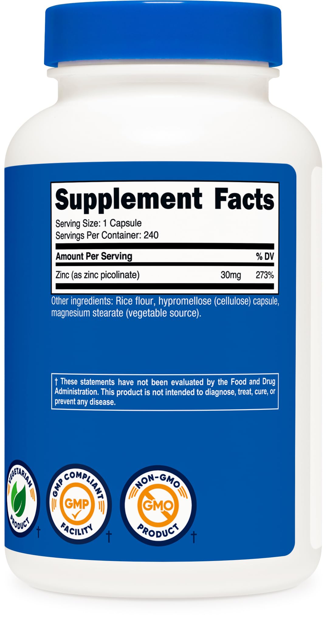 Flacon Nutricost Zinc Picolinate – sceau NSF et GMP garantissant la qualité.