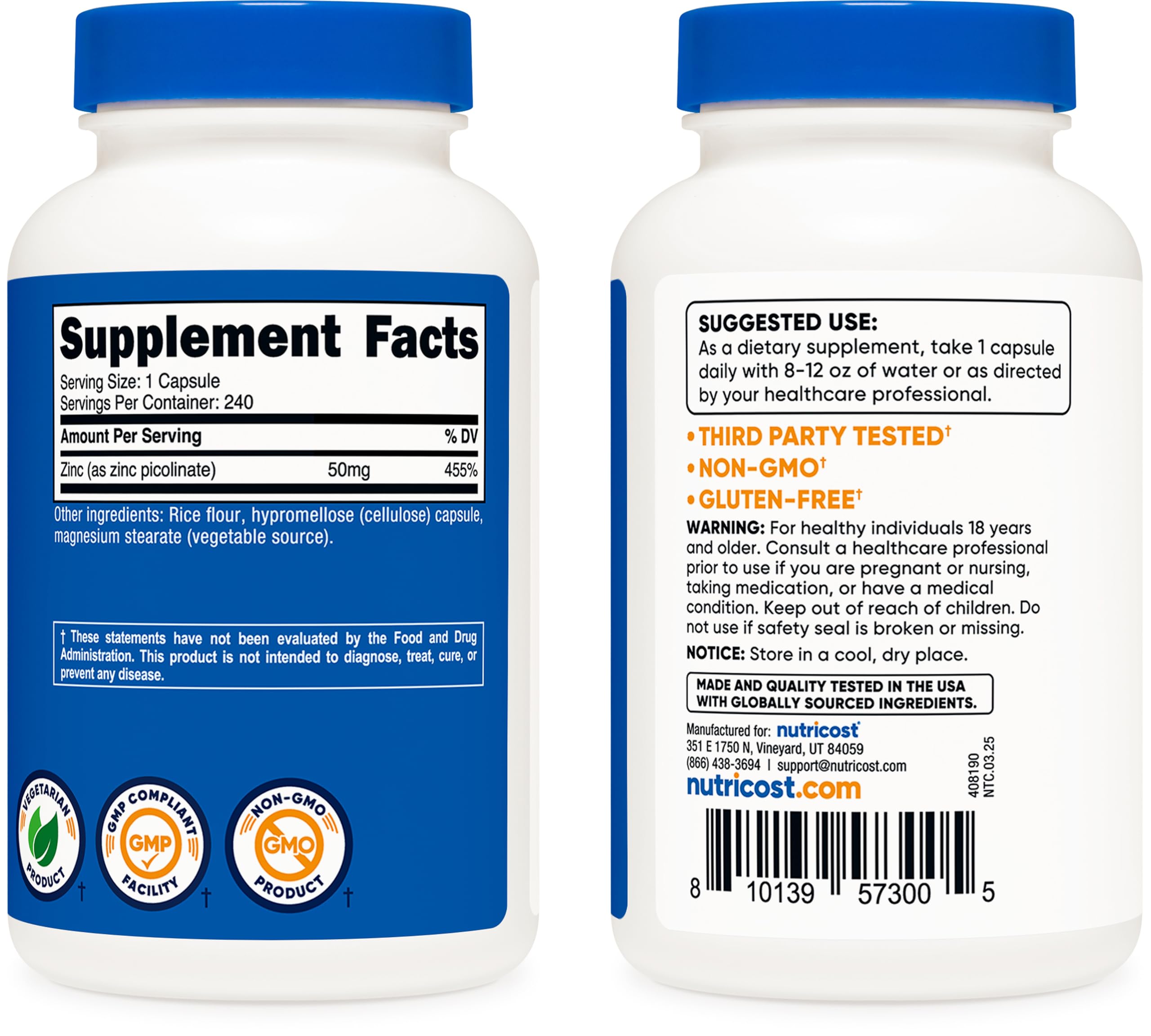 Nutricost Zinc Picolinate: certifications NSF et BPF garantissant une fabrication fiable