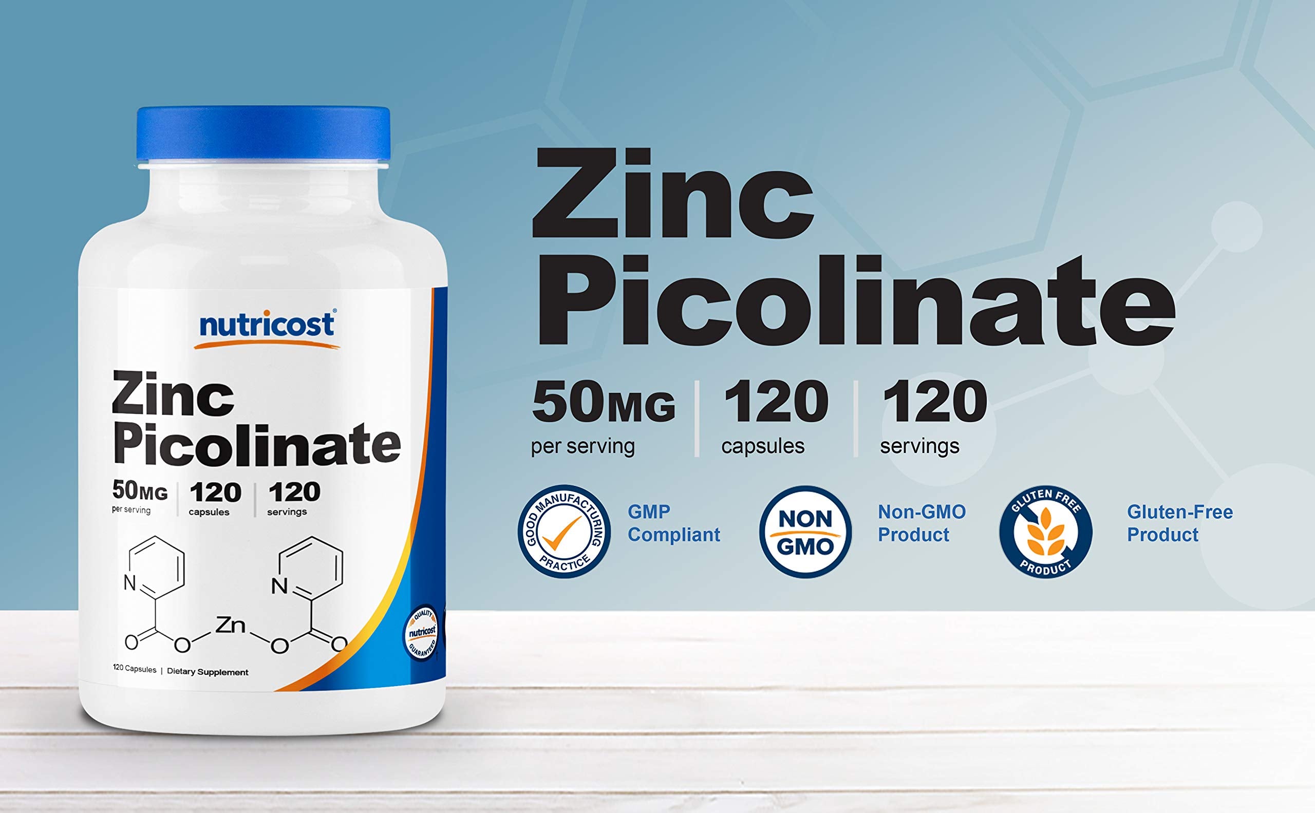 Étiquette Nutricost Zinc Picolinate 50 mg – informations sans gluten et sans OGM