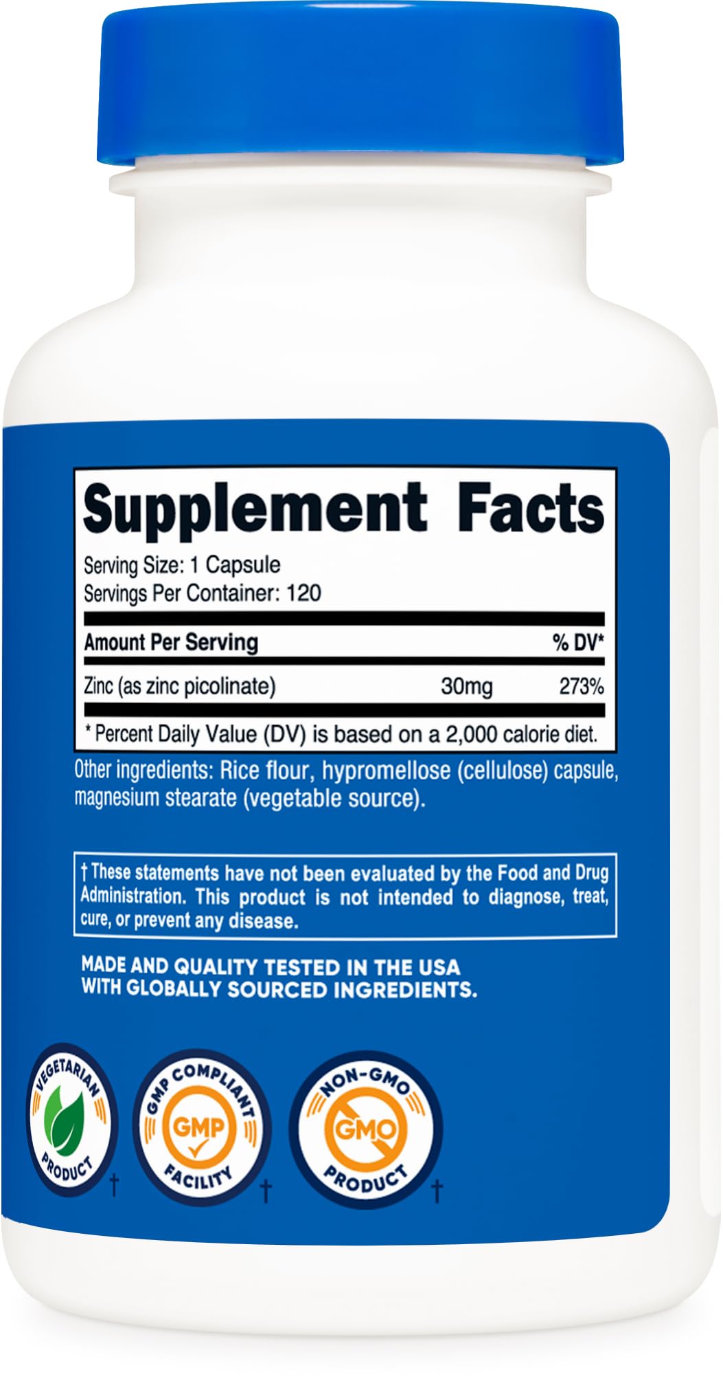 Nutricost Zinc Picolinate : conditionnement sans gluten, pratique et sûr pour la routine.