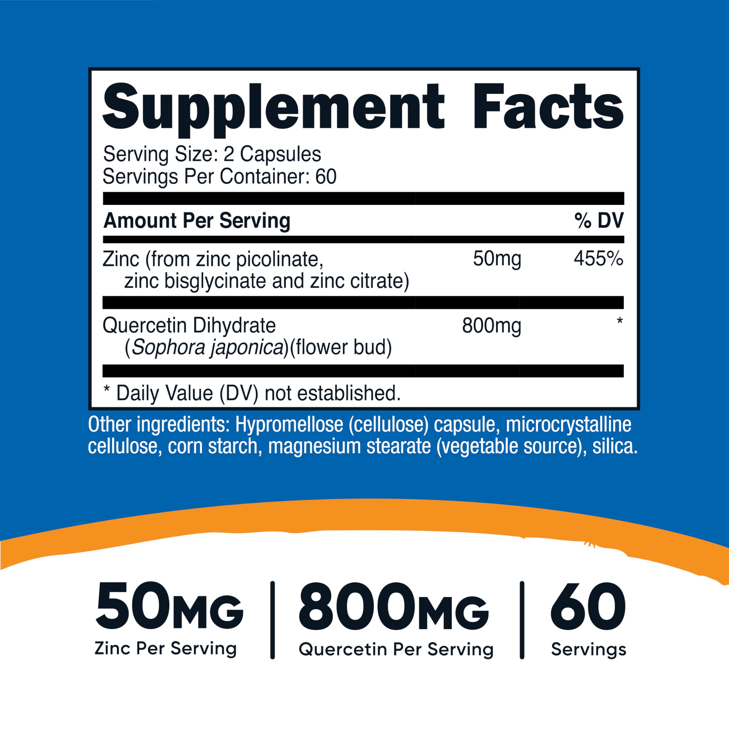 Nutricost zinc quercétine: capsules affichant le dosage de zinc et quercétine