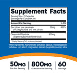 Nutricost zinc quercétine: capsules affichant le dosage de zinc et quercétine