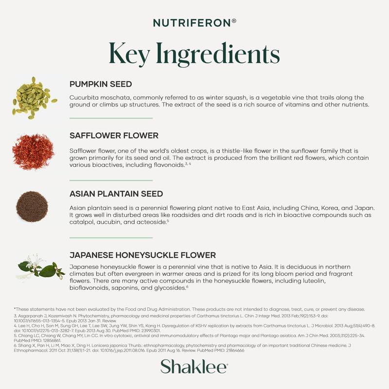 Shaklee NutriFeron: caplets et graphiques évoquant le soutien immunitaire cellulaire.