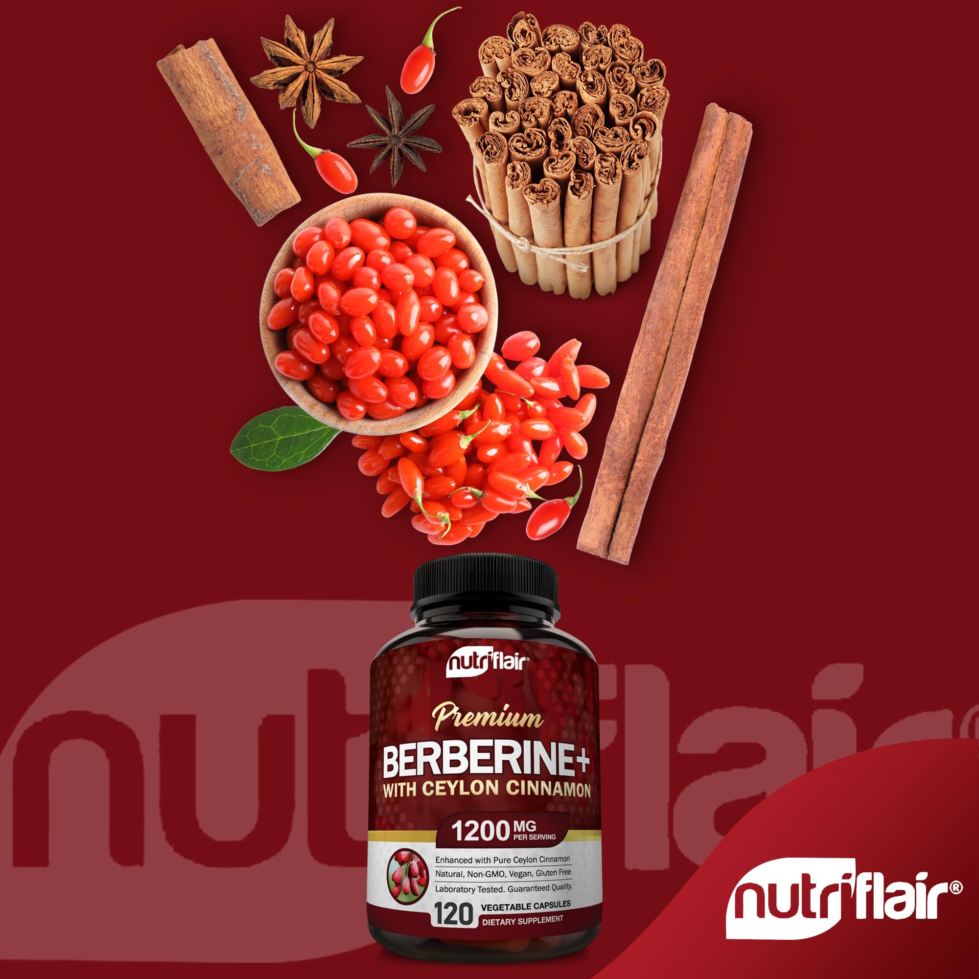 NutriFlair Berberine HCL 1200 mg — capsules cannelle pure 100 mg, arôme naturel.