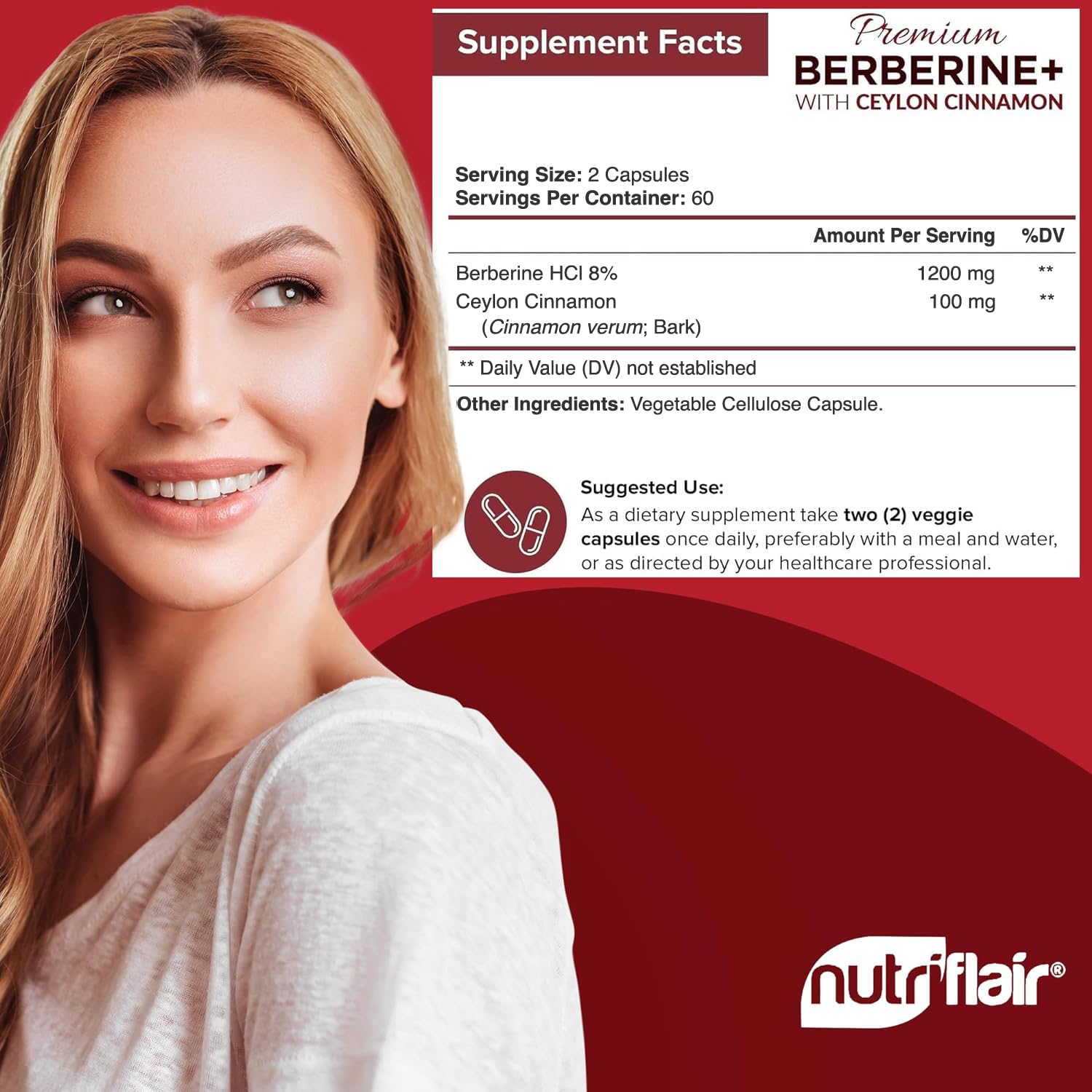 NutriFlair Berberine HCL 1200 mg — gélules végétales faciles à avaler.