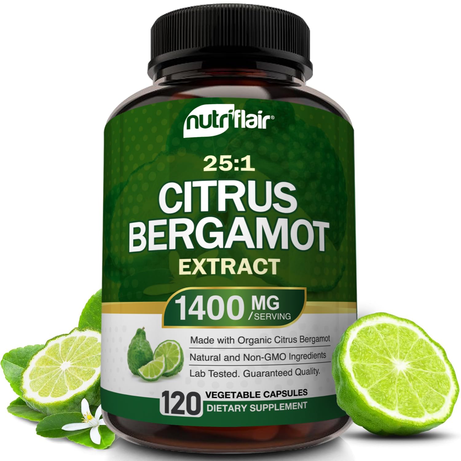 NutriFlair bergamot 1400mg, bouteille de capsules prête à votre routine quotidienne.