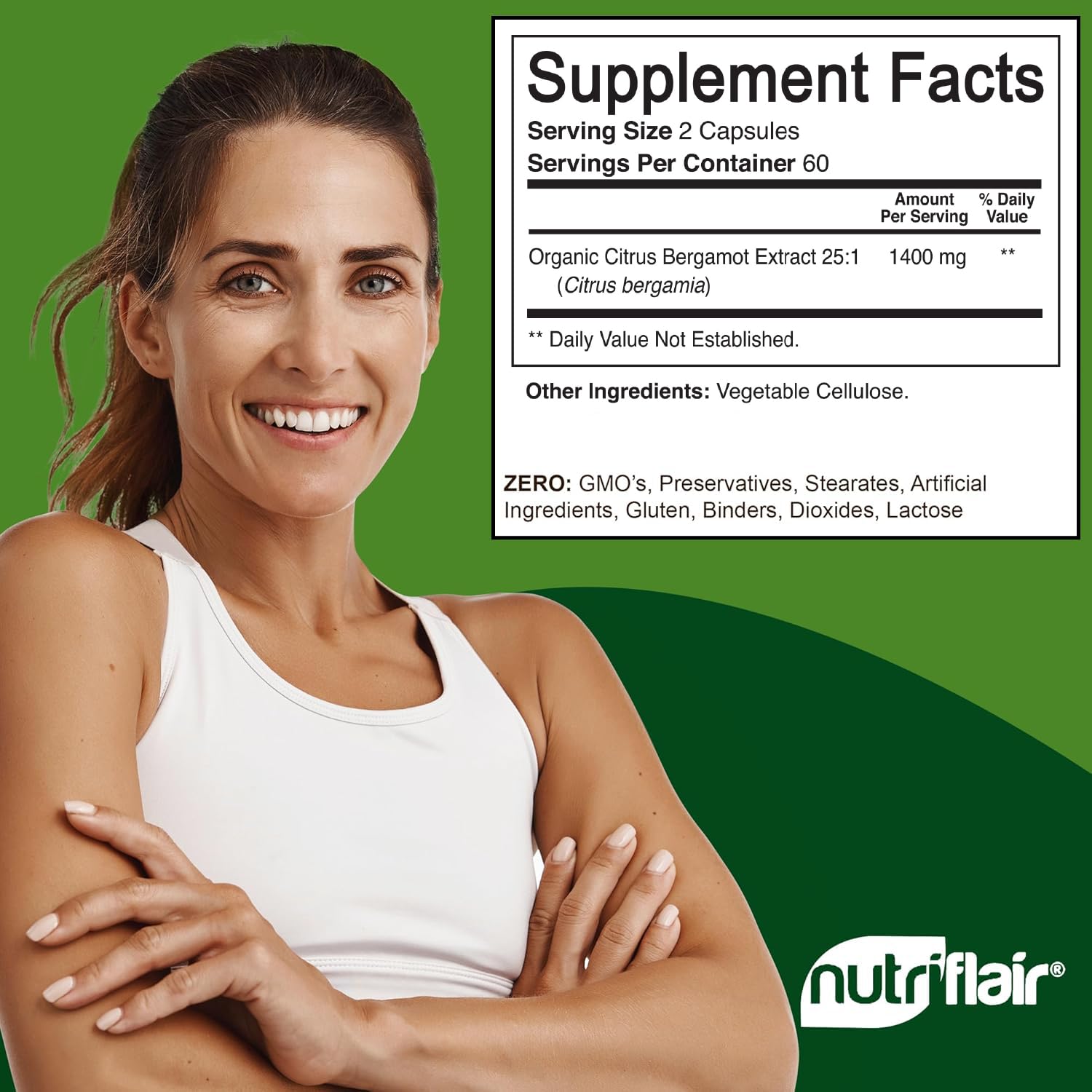 Capsules veganés NutriFlair, bergamot 1400mg sans OGM pour une consommation responsable.