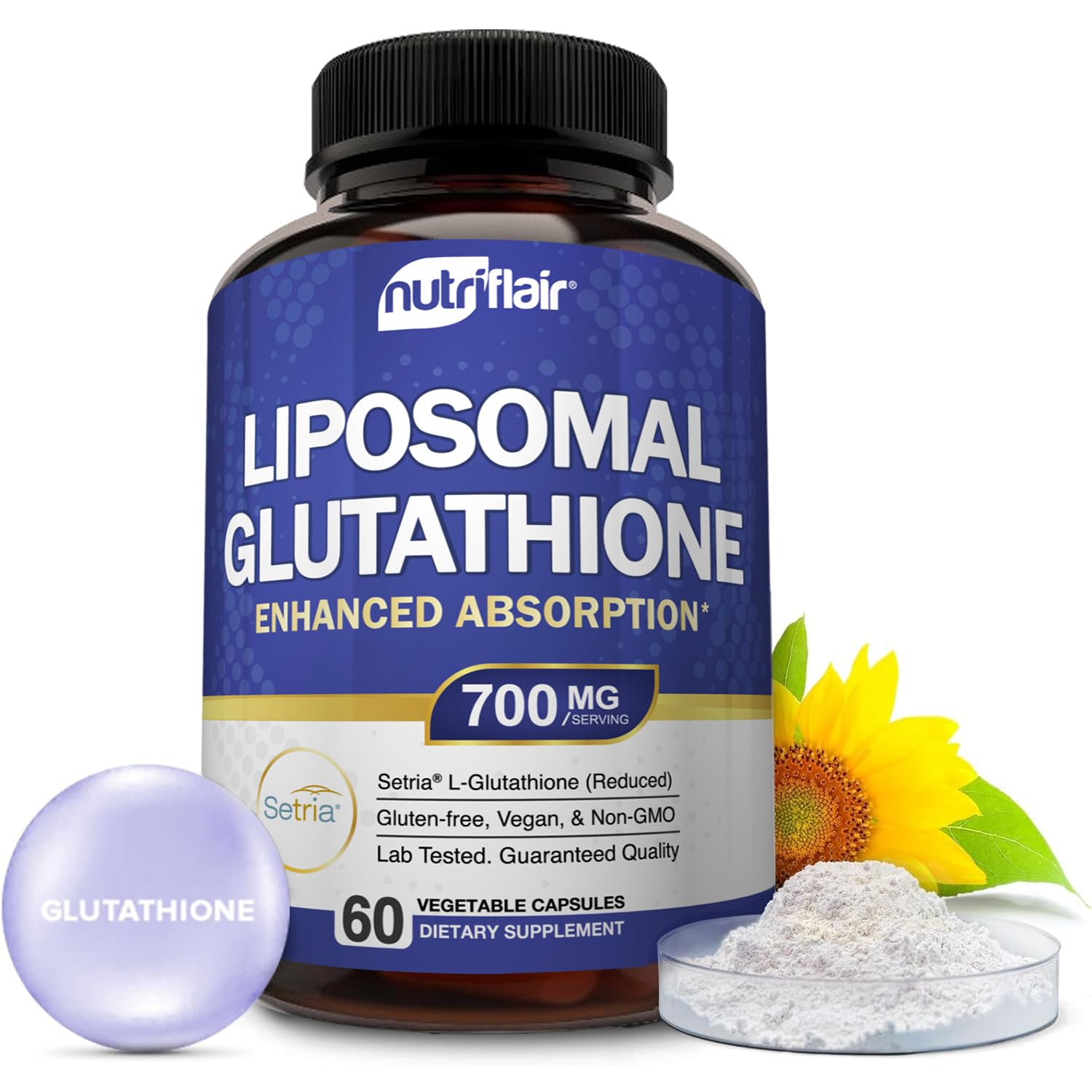 NutriFlair glutathione liposomal en bouteille 700 mg pour le quotidien.
