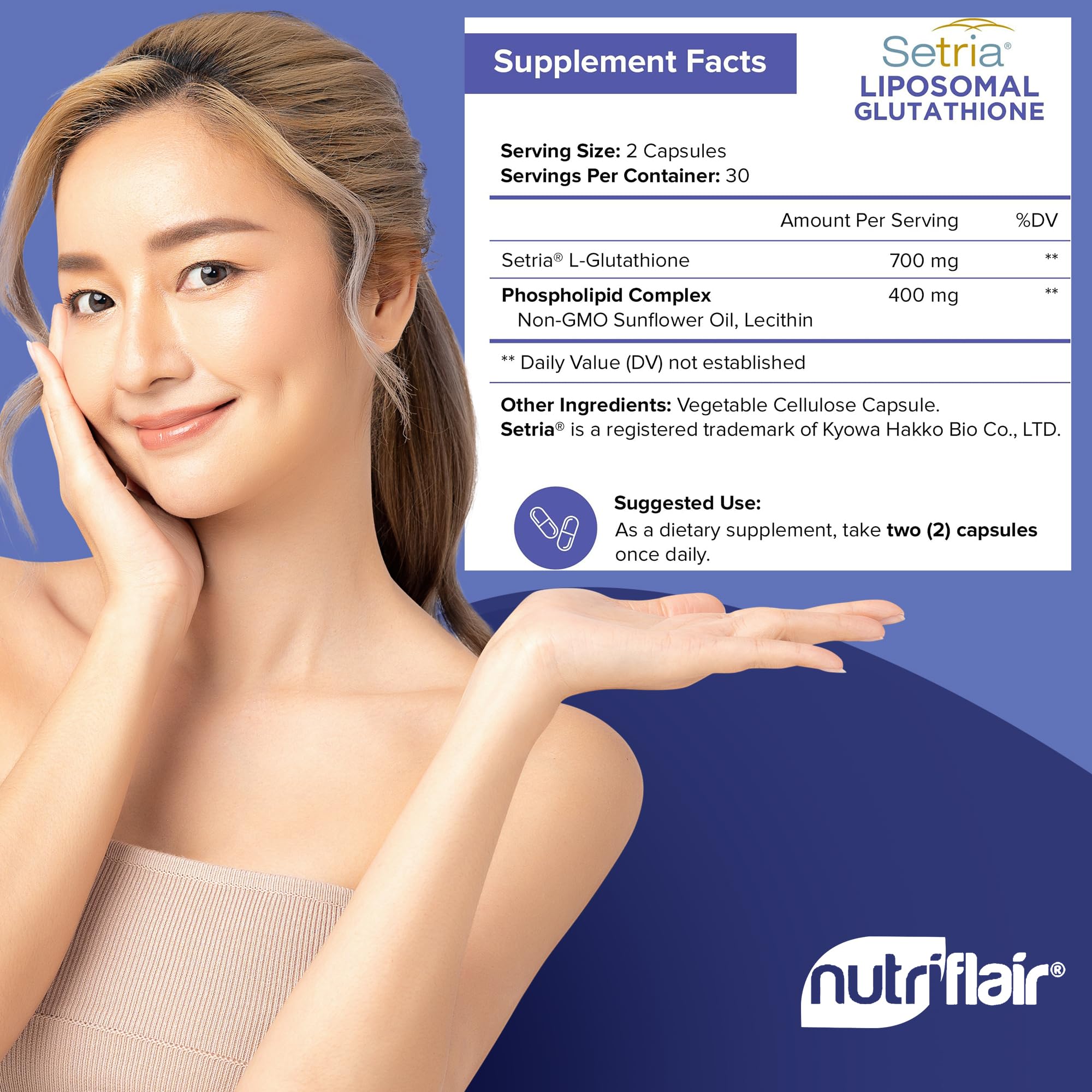 NutriFlair glutathione liposomal emballage extérieur pour la protection et la fraîcheur.
