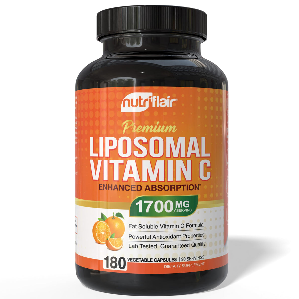 NutriFlair Liposomal Vitamine C: bouteille et capsules pour une absorption améliorée.