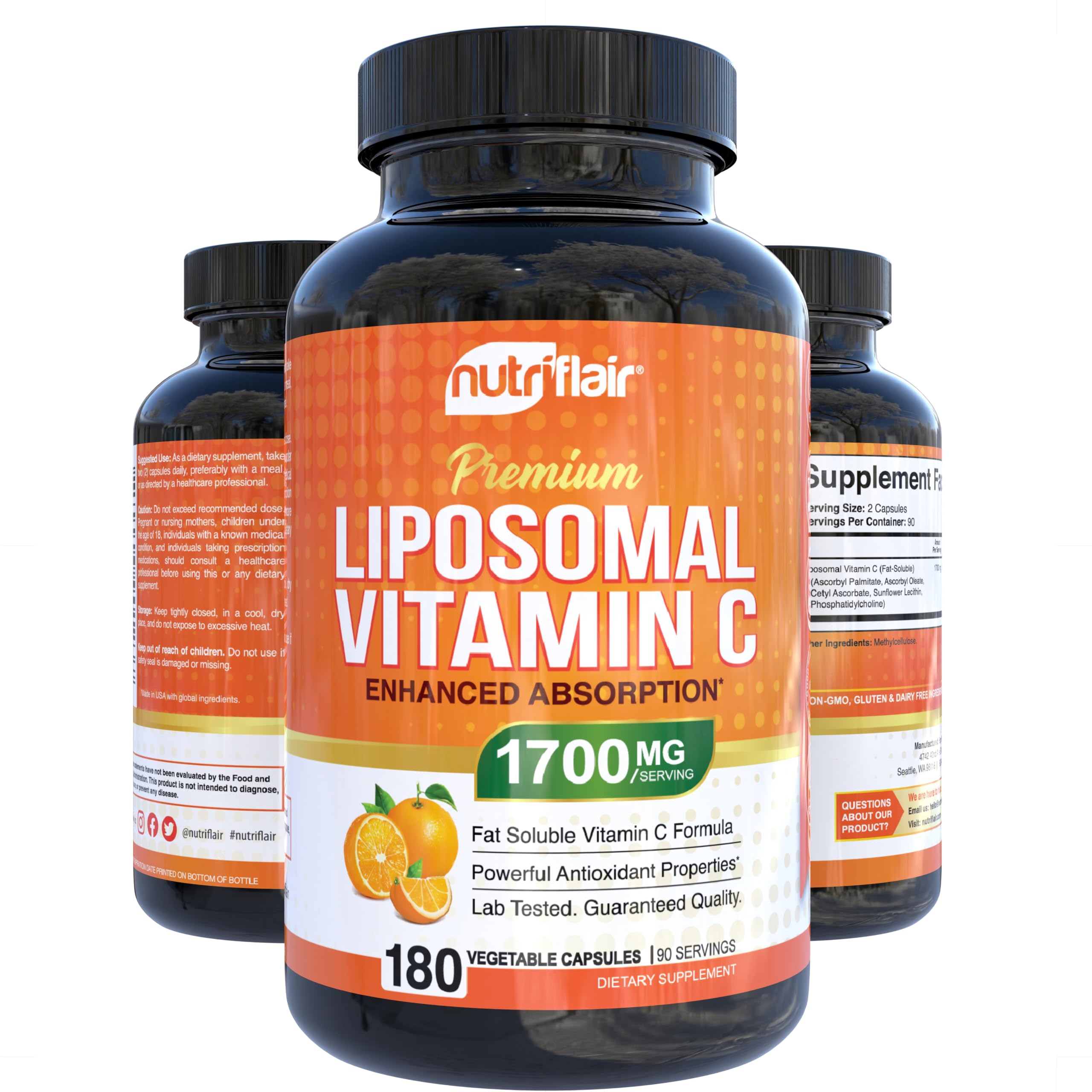 NutriFlair Liposomal Vitamine C: étiquette claire et label végan visible.
