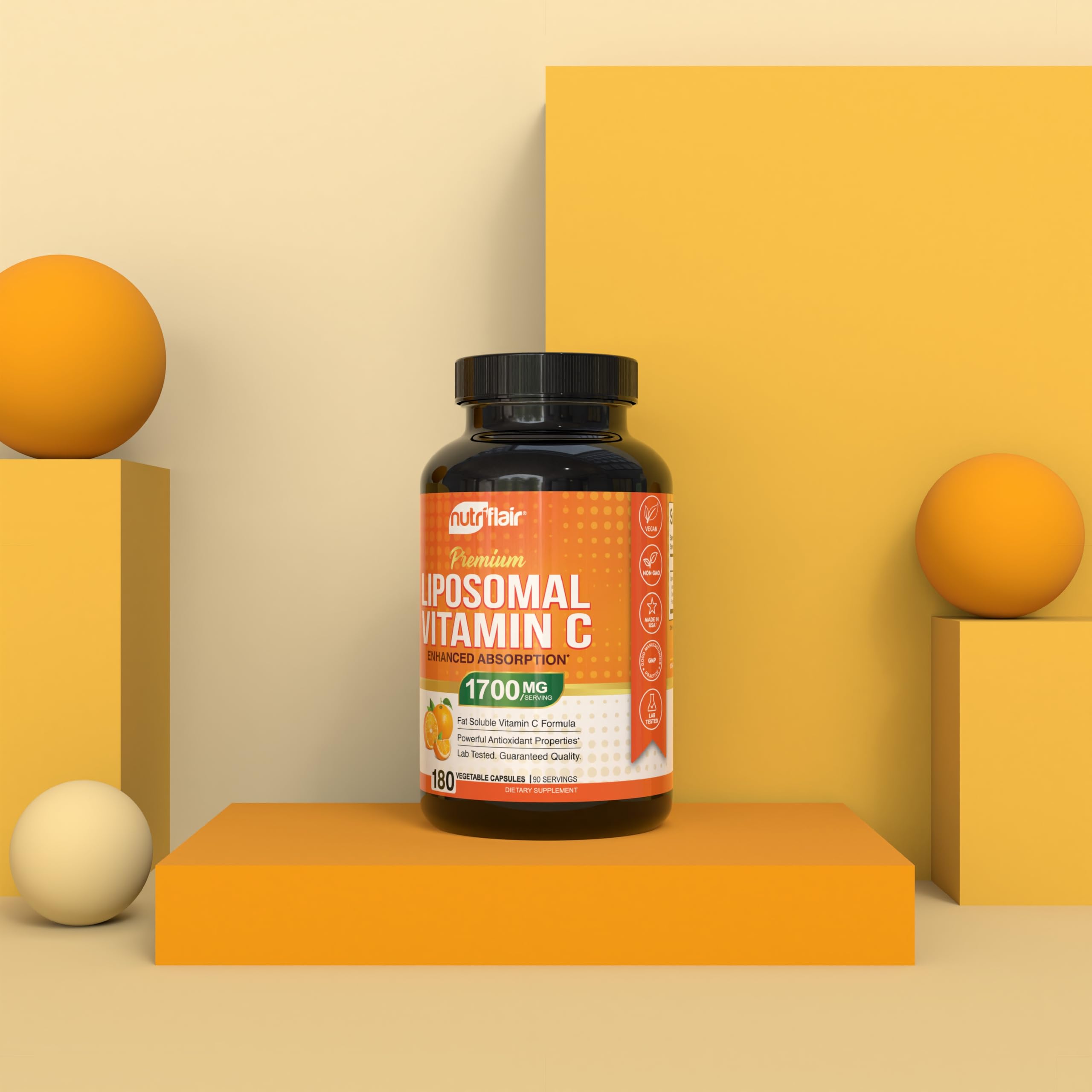 NutriFlair Liposomal Vitamine C: emballage indiquant fabrication aux États‑Unis.