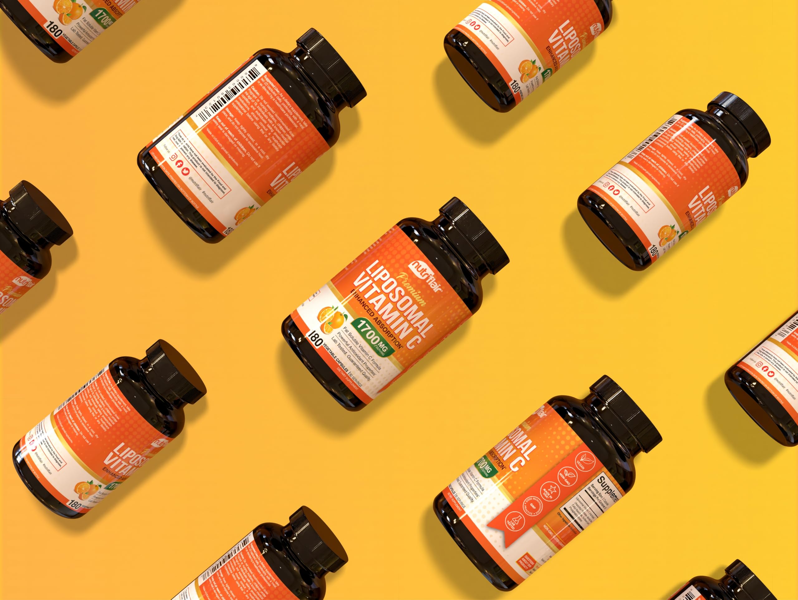 NutriFlair Liposomal Vitamine C: symbole végan et étiquette sans allergènes.