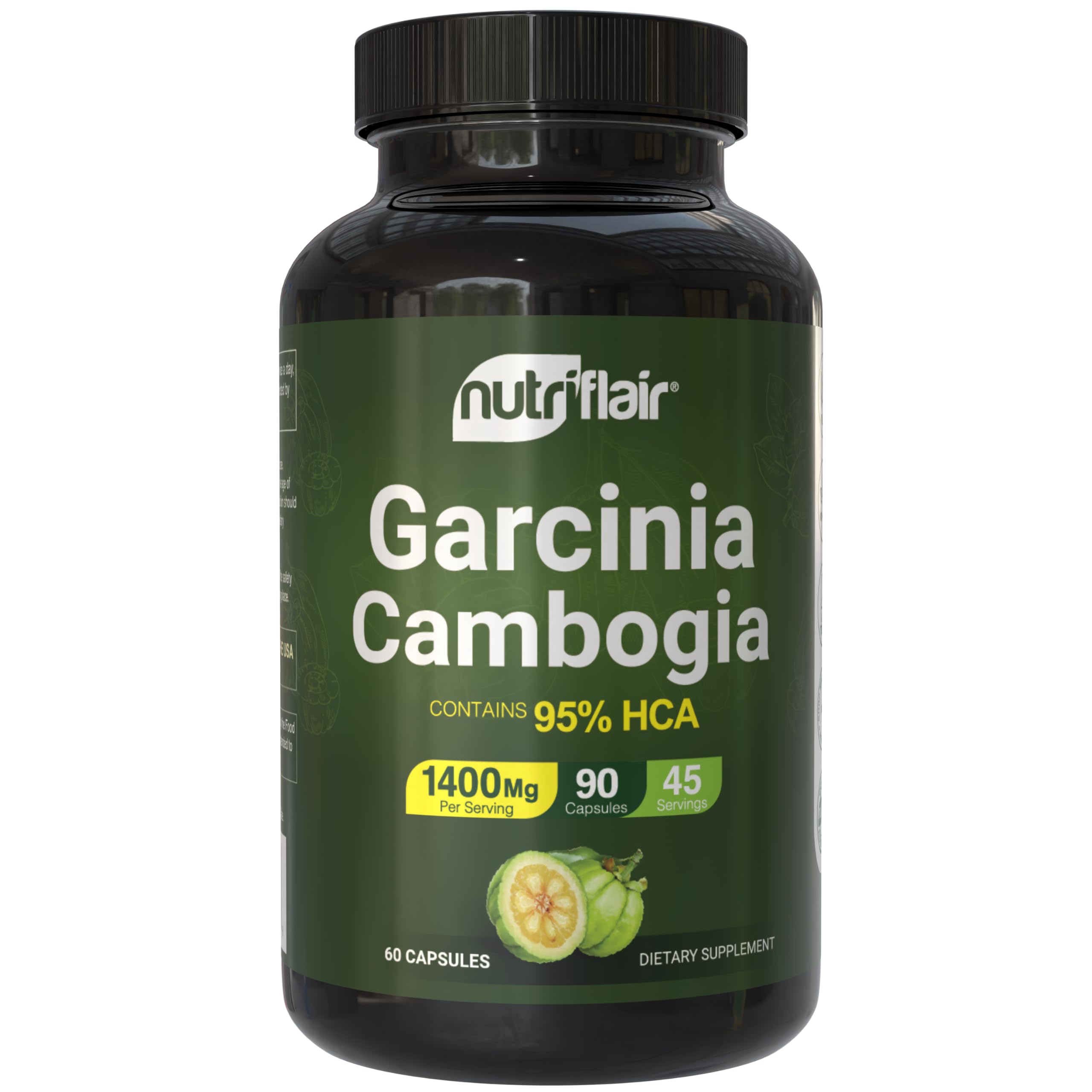 NutriFlair Garcinia Cambogia - bouteille montrant la dose quotidienne pratique.