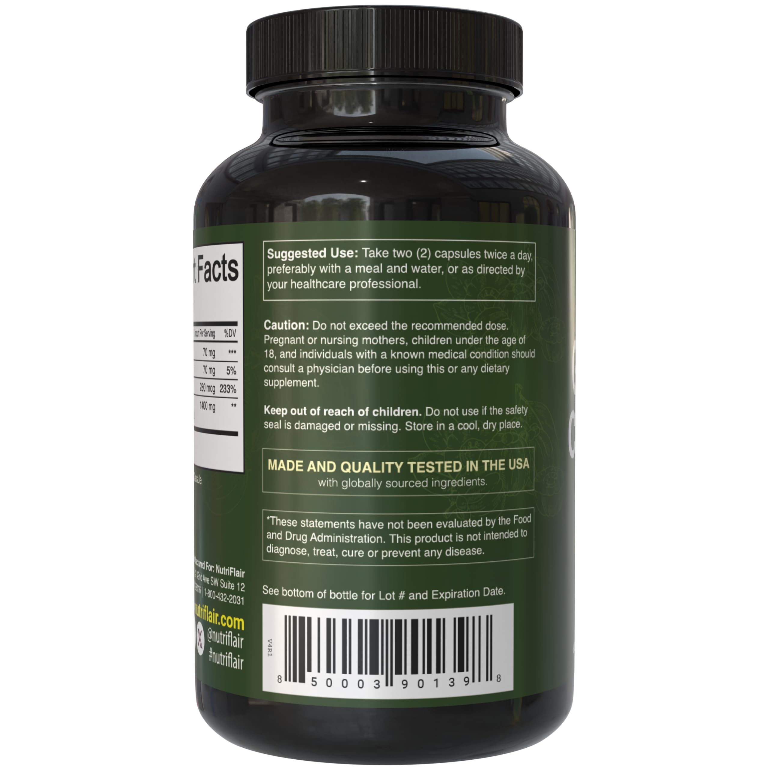Étiquette NutriFlair Garcinia Cambogia – informations claires et ingrédients.