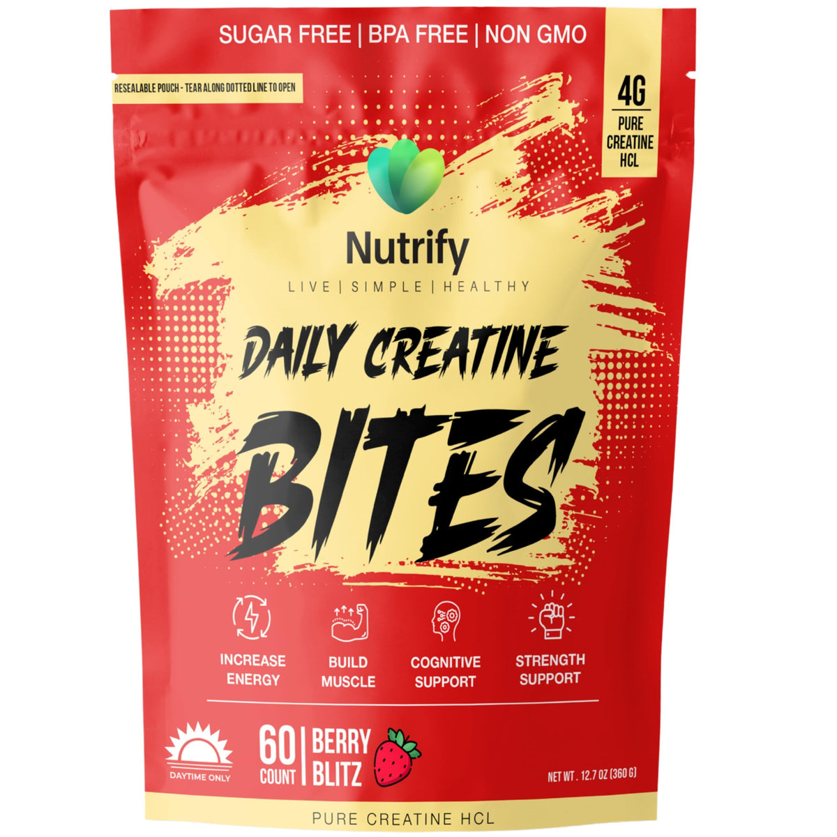 Gommes Nutrify Créatine en bouteille fraise, saveur fruitée et pratique