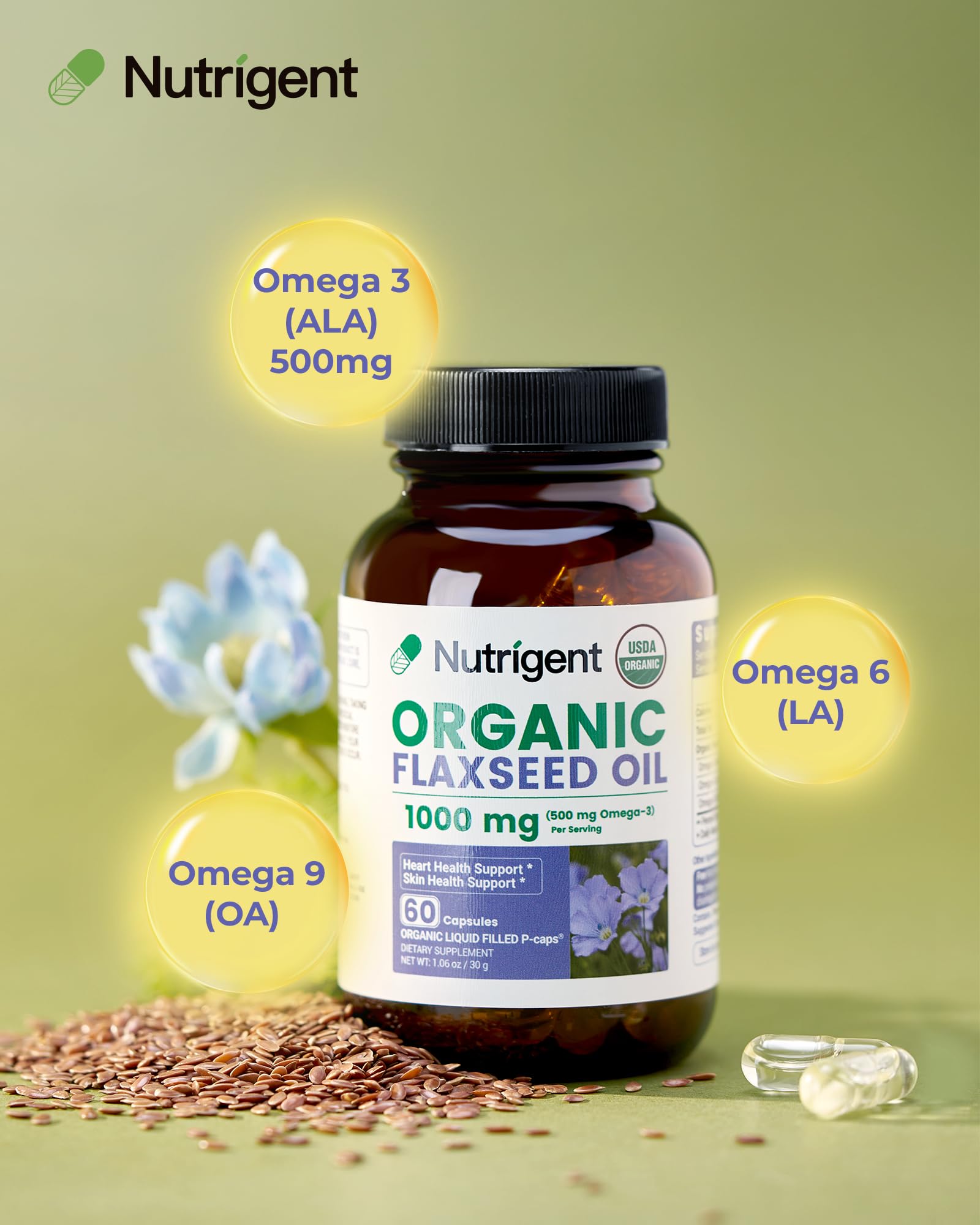 Nutrigent Huile de Lin — bouteille et étiquette biologique visibles.