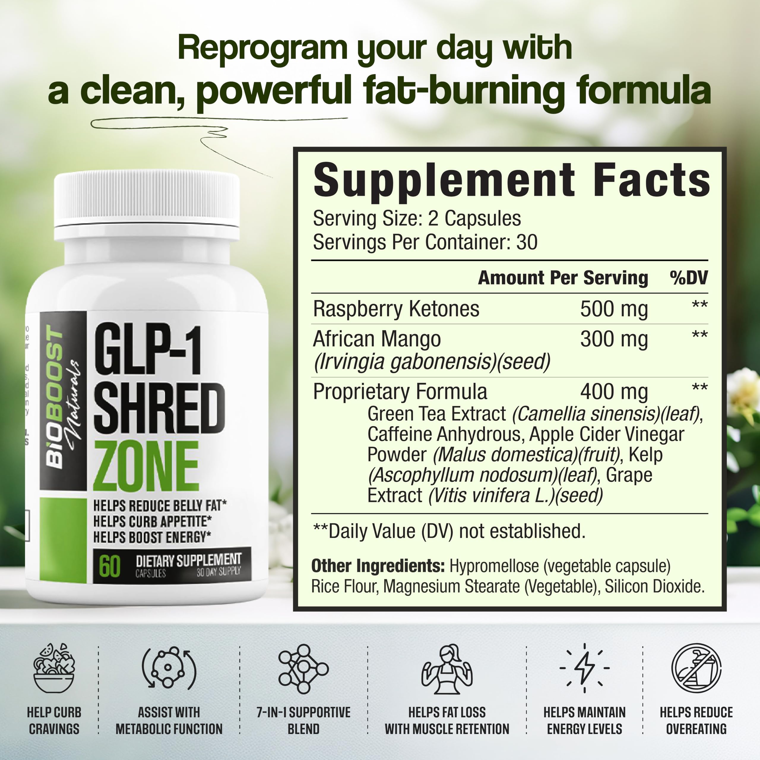 Nutrimend IQ GLP-1 Shred Zone — capsules près du flacon, utilisation quotidienne facilitée