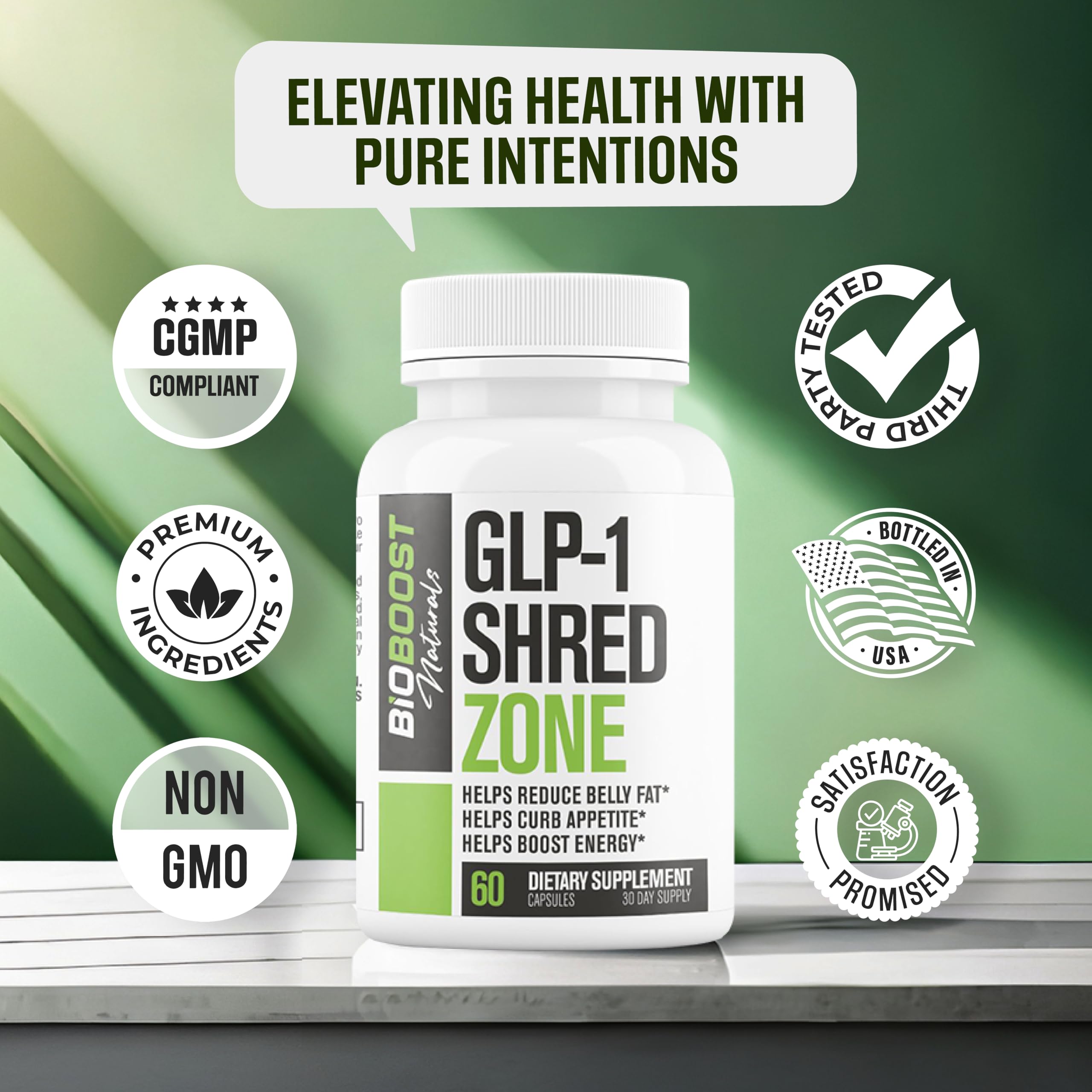 Nutrimend IQ GLP-1 Shred Zone — emballage premium, présentation soignée pour la routine bien-être