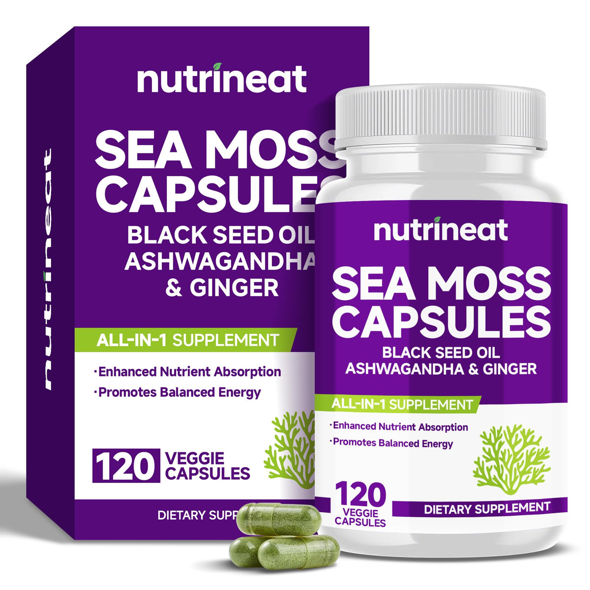 Capsules NutriNeat mousse marine – bouteille montrant le format pratique pour soutien immunitaire potentiel