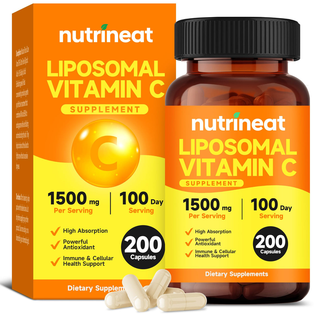 NutriNeat liposomale vitamine C, bouteille 200 capsules molles, soutien immunitaire quotidien.