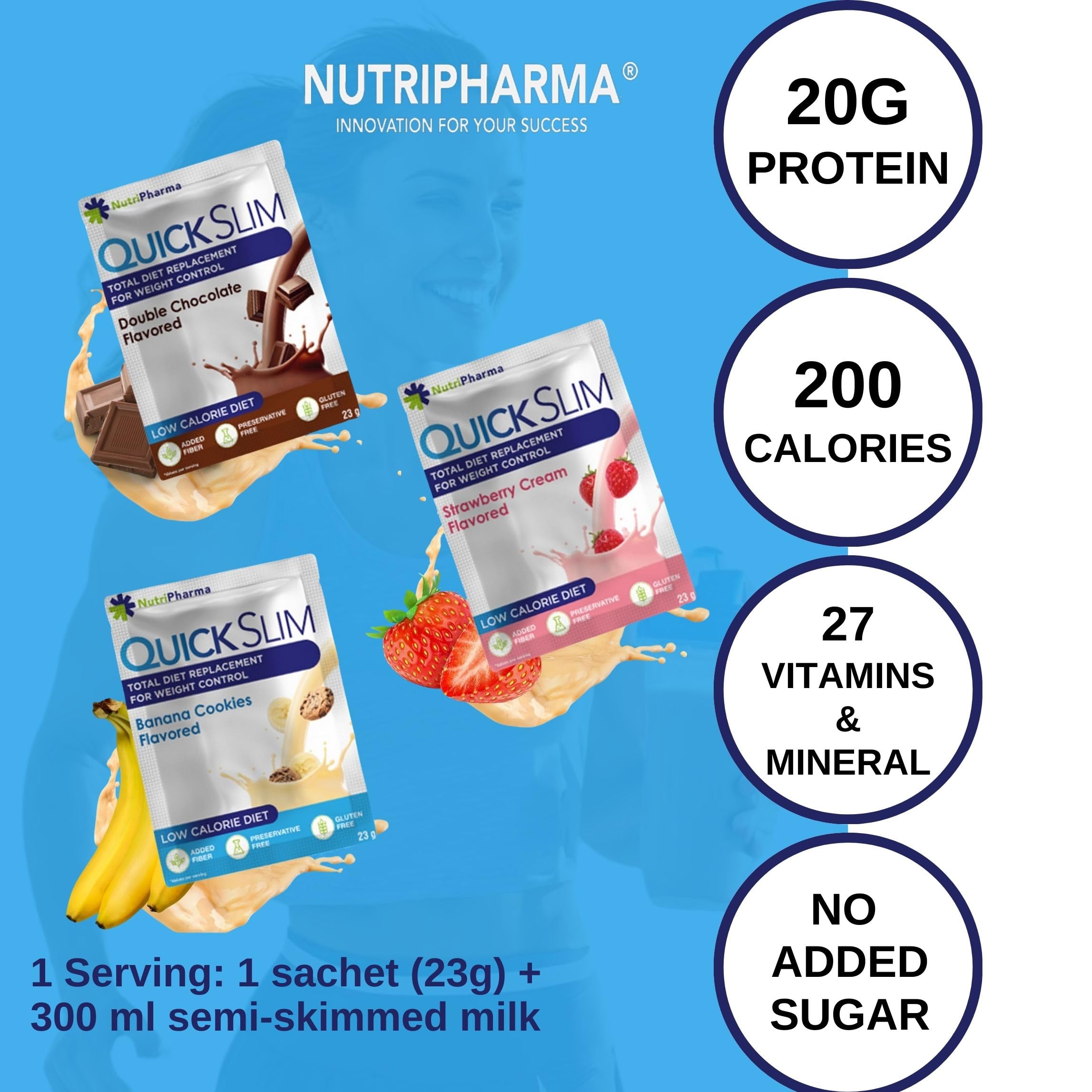 Nutripharma Quick Slim sachet ouvert, format individuel pour déplacements.