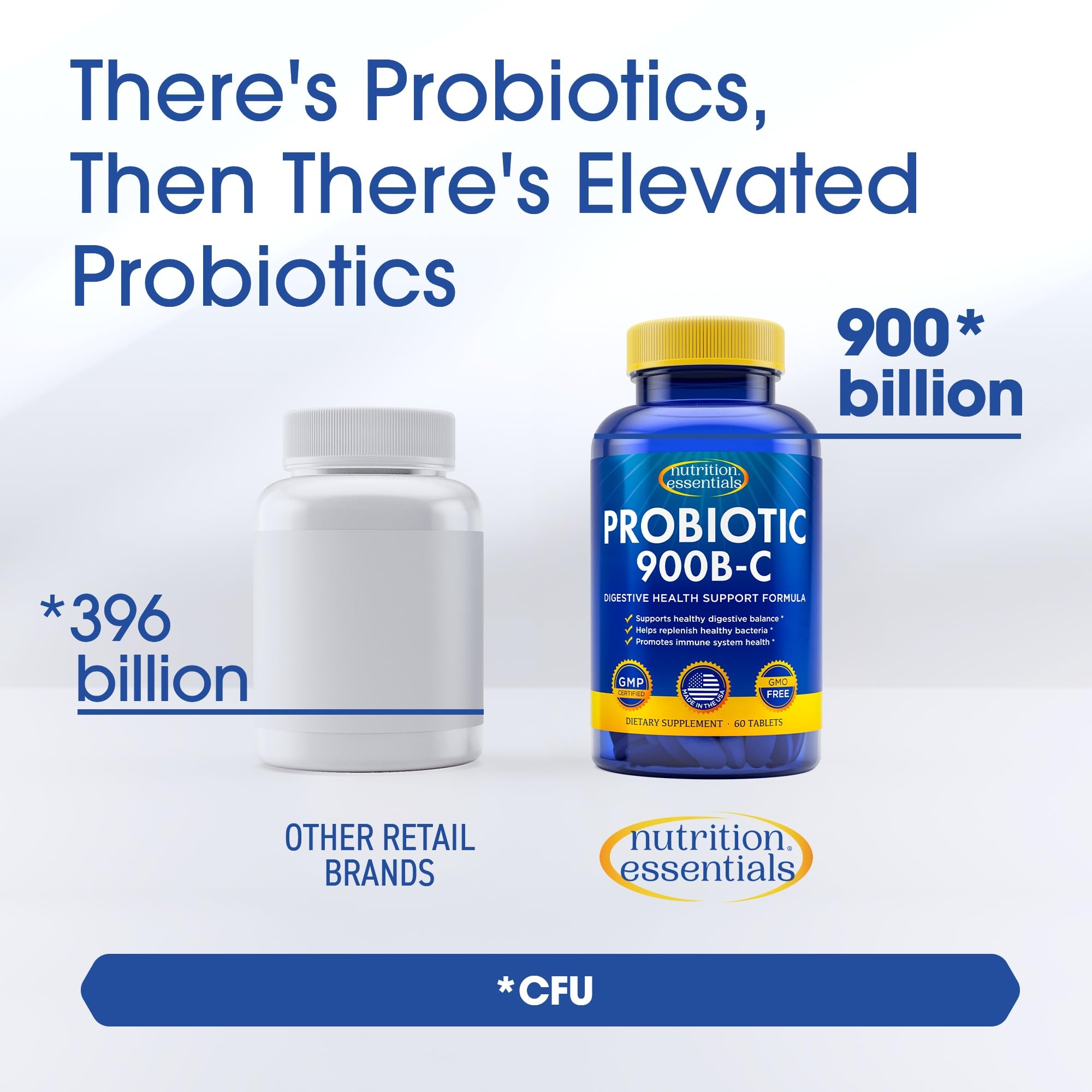 Nutrition Essentials Probiotiques : Stabilité renforcée grâce à une bouteille PETE recyclable et efficace.