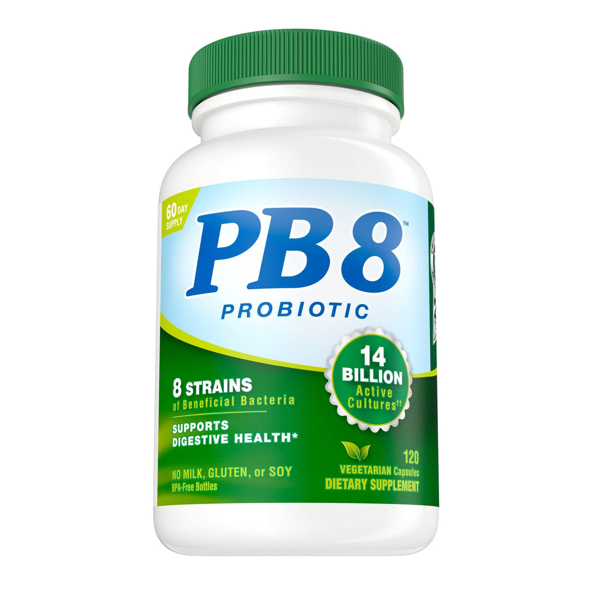 Nutrition Now PB8 Probiotique: bouteille de 120 gélules soutenant la digestion.