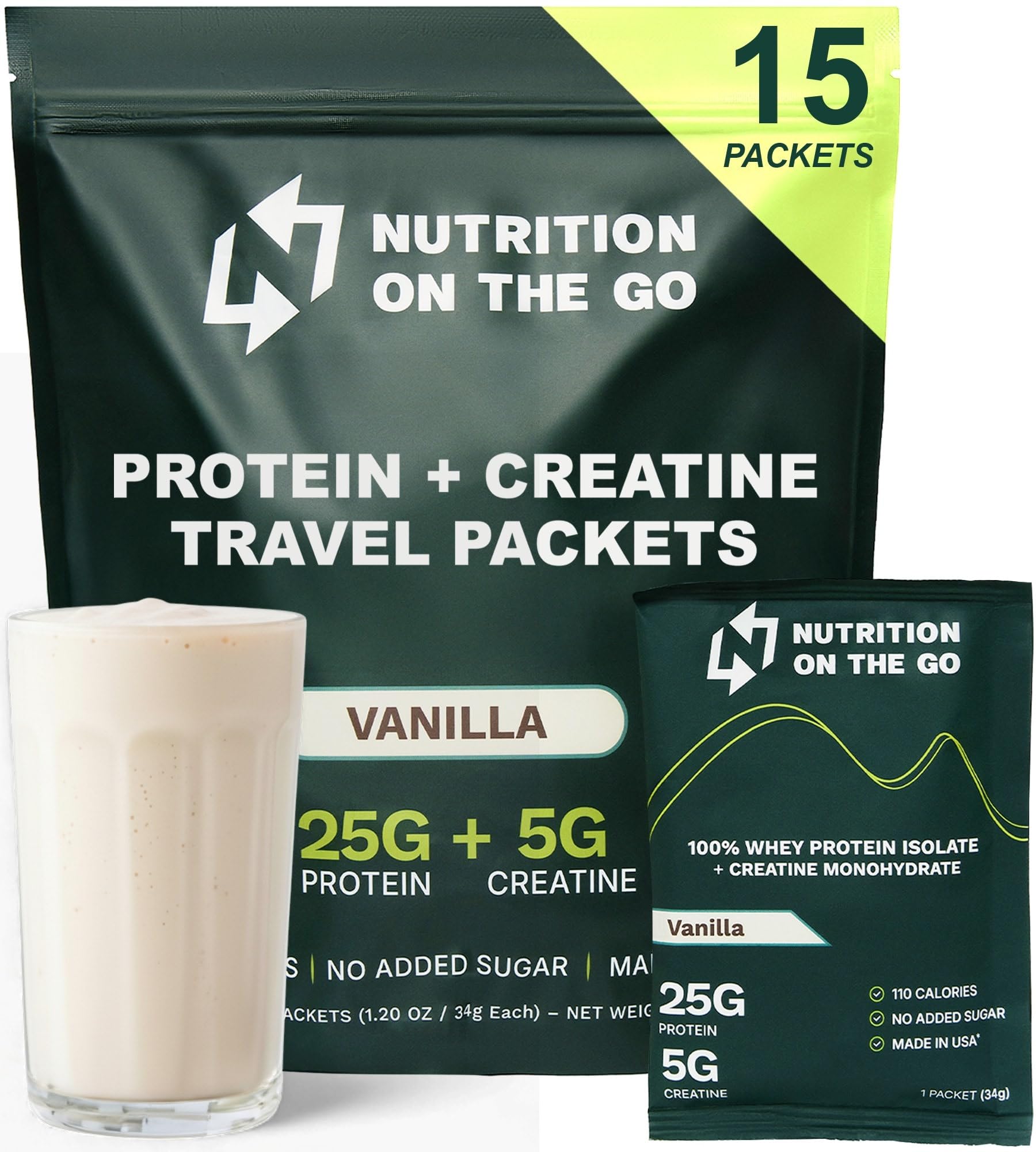 Nutrition On The Go sachet protéine vanille portable, pratique en voyage.