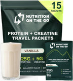 Nutrition On The Go sachet protéine vanille portable, pratique en voyage.