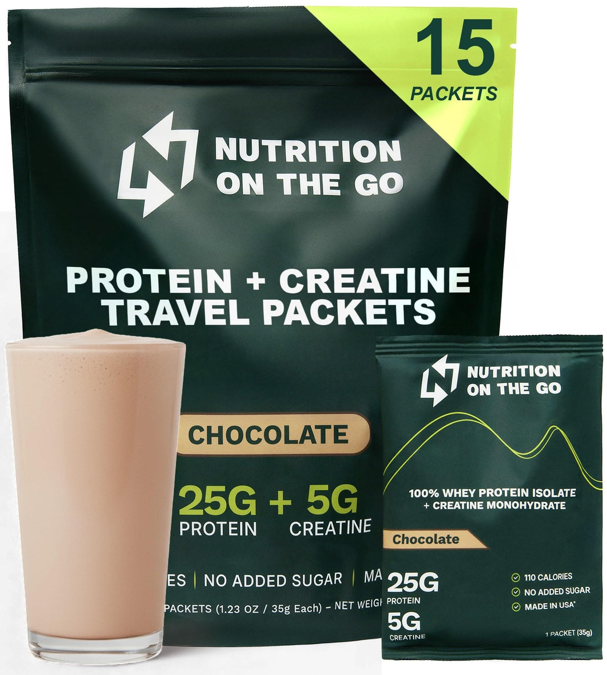 Nutrition On The Go sachets chocolat, mélange facile et pratique en déplacement.