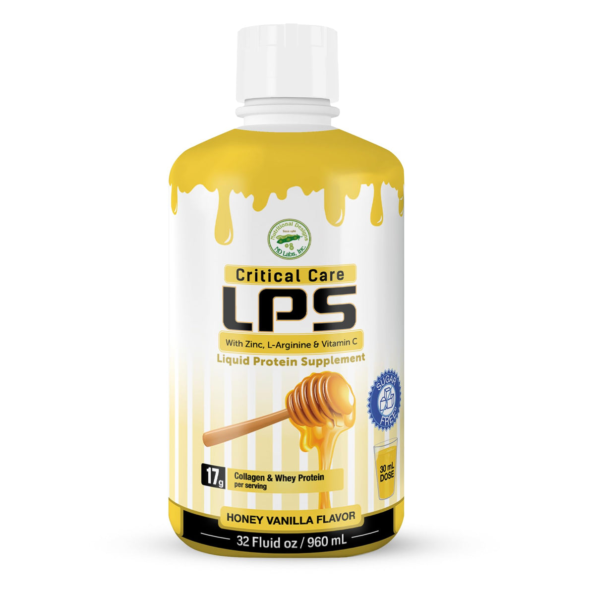 Nutritional Designs LPS bouteille montrant collagene et whey pour soutien nutritionnel quotidien