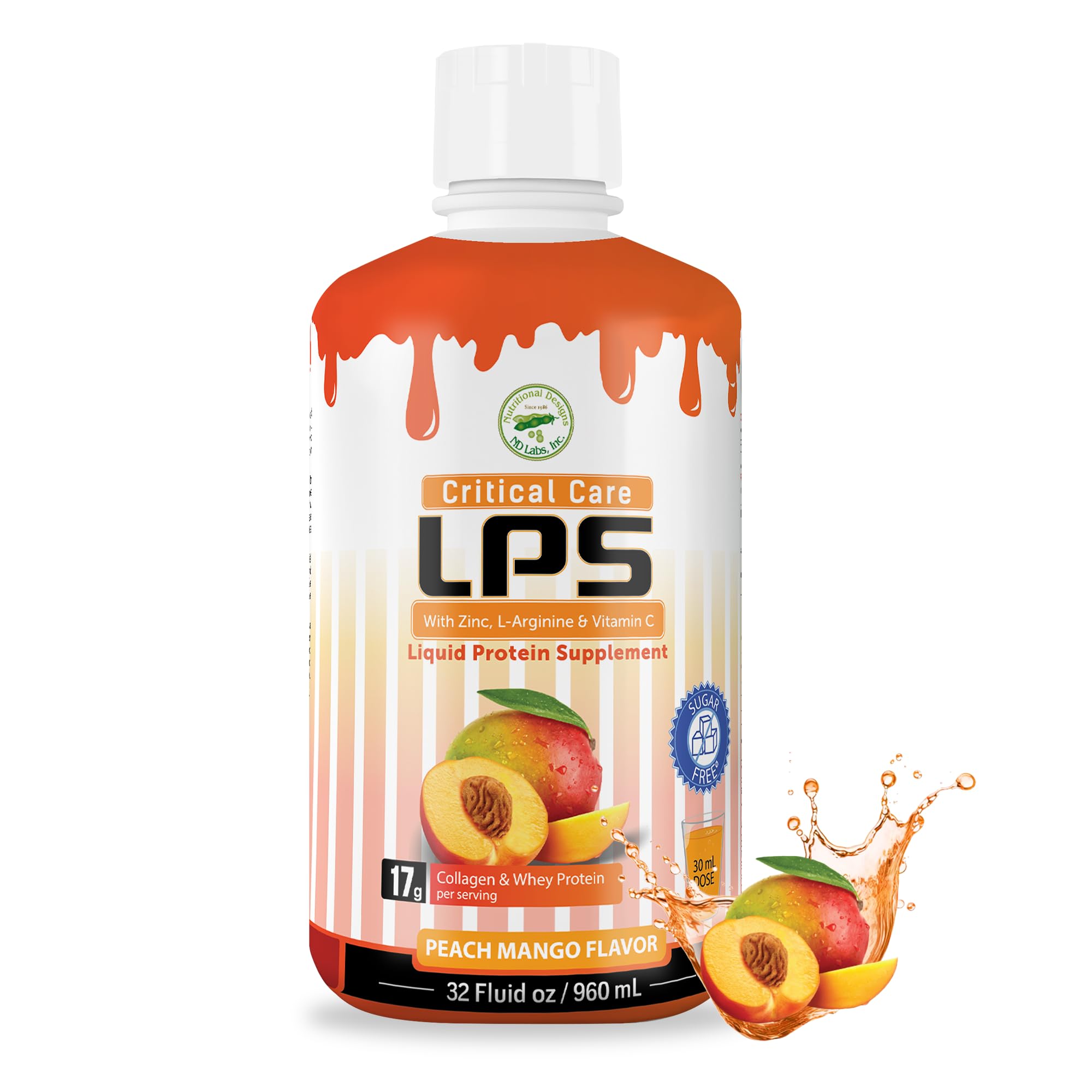 Nutritional Designs LPS, bouteille collagene et whey pêche-mangue, soutien potentiel pour peau et cheveux.