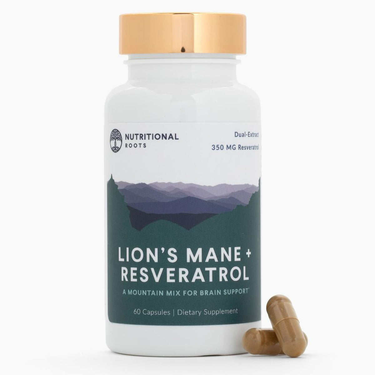 Nutritional Roots crinière de lion et resvératrol – bouteille affichant le logo, soutien potentiel.