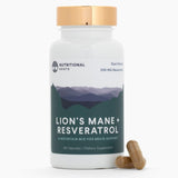 Nutritional Roots crinière de lion et resvératrol – bouteille affichant le logo, soutien potentiel.