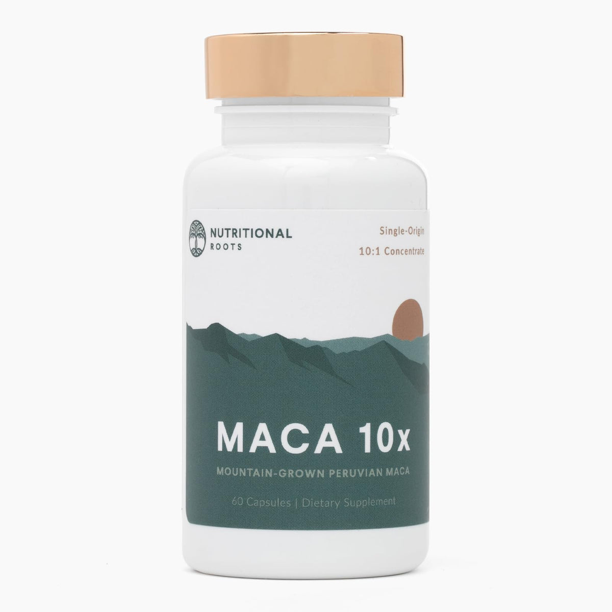Nutritional Roots Maca capsules, bouteille 10x, énergie soutenue pour toute la journée.