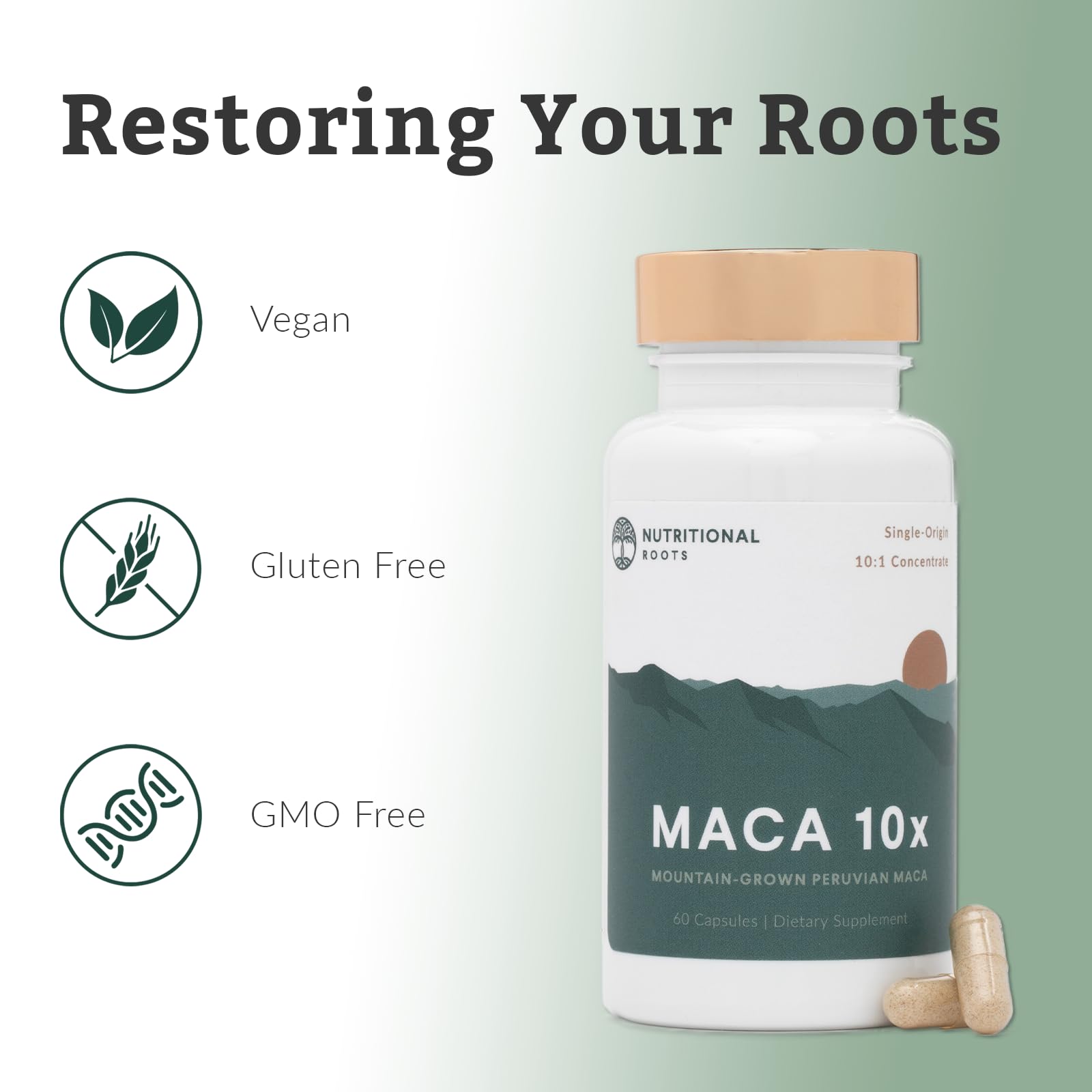 Nutritional Roots Maca – origine unique des Andes péruviennes, soutien à l'énergie et l'équilibre.