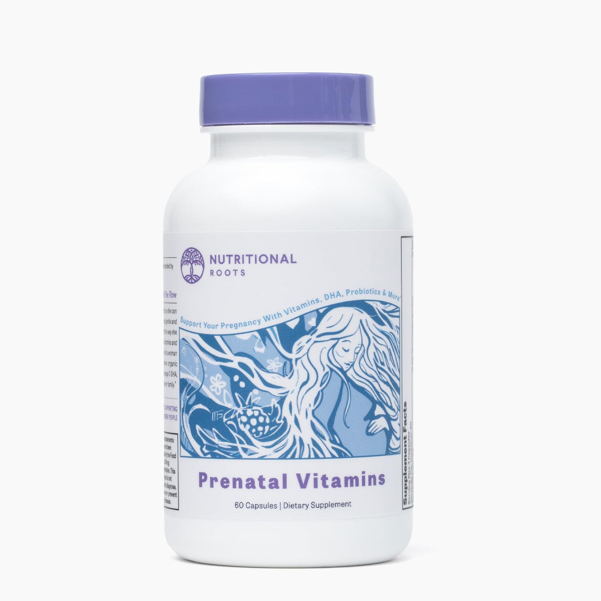 Nutritional Roots prénatal DHA : bouteille favorisant une nutrition complète pendant la grossesse.