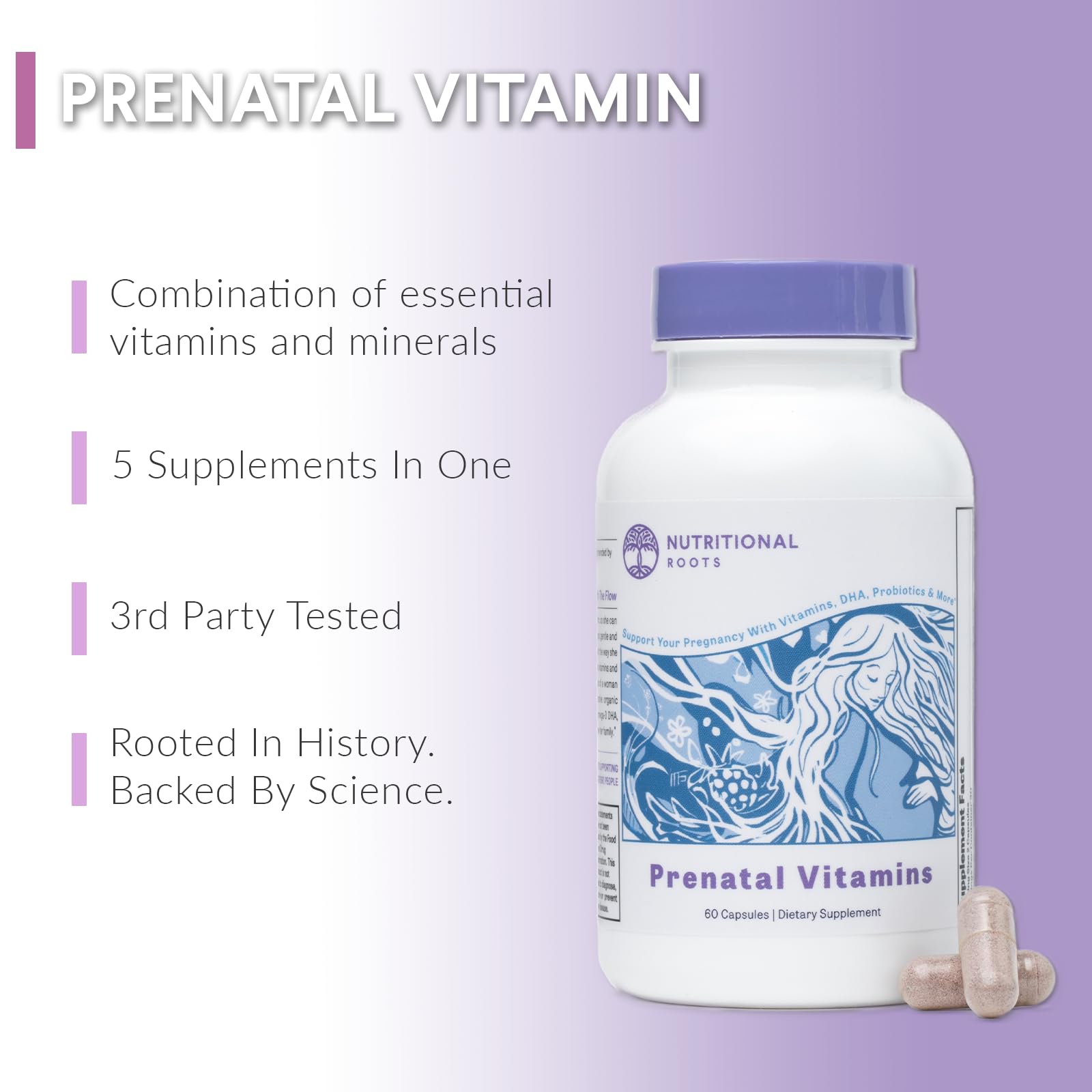 Nutritional Roots prénatal DHA : étiquette montrant mélange bio et probiotiques pour digestion facile.