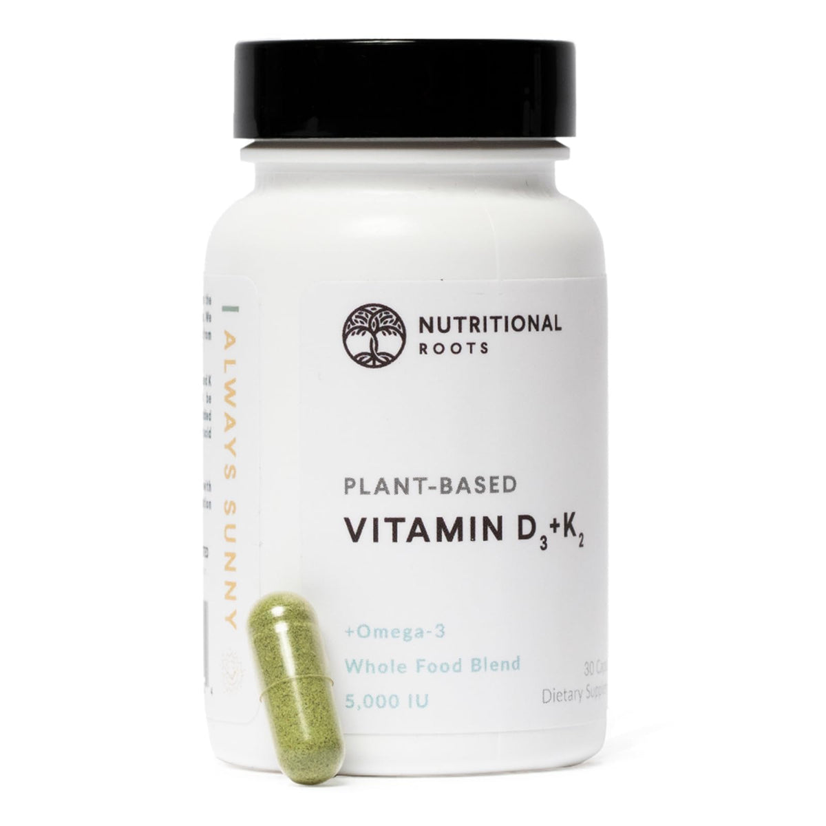 Nutritional Roots vitamine D3-K2 en bouteille posée, soutien énergie et ossature
