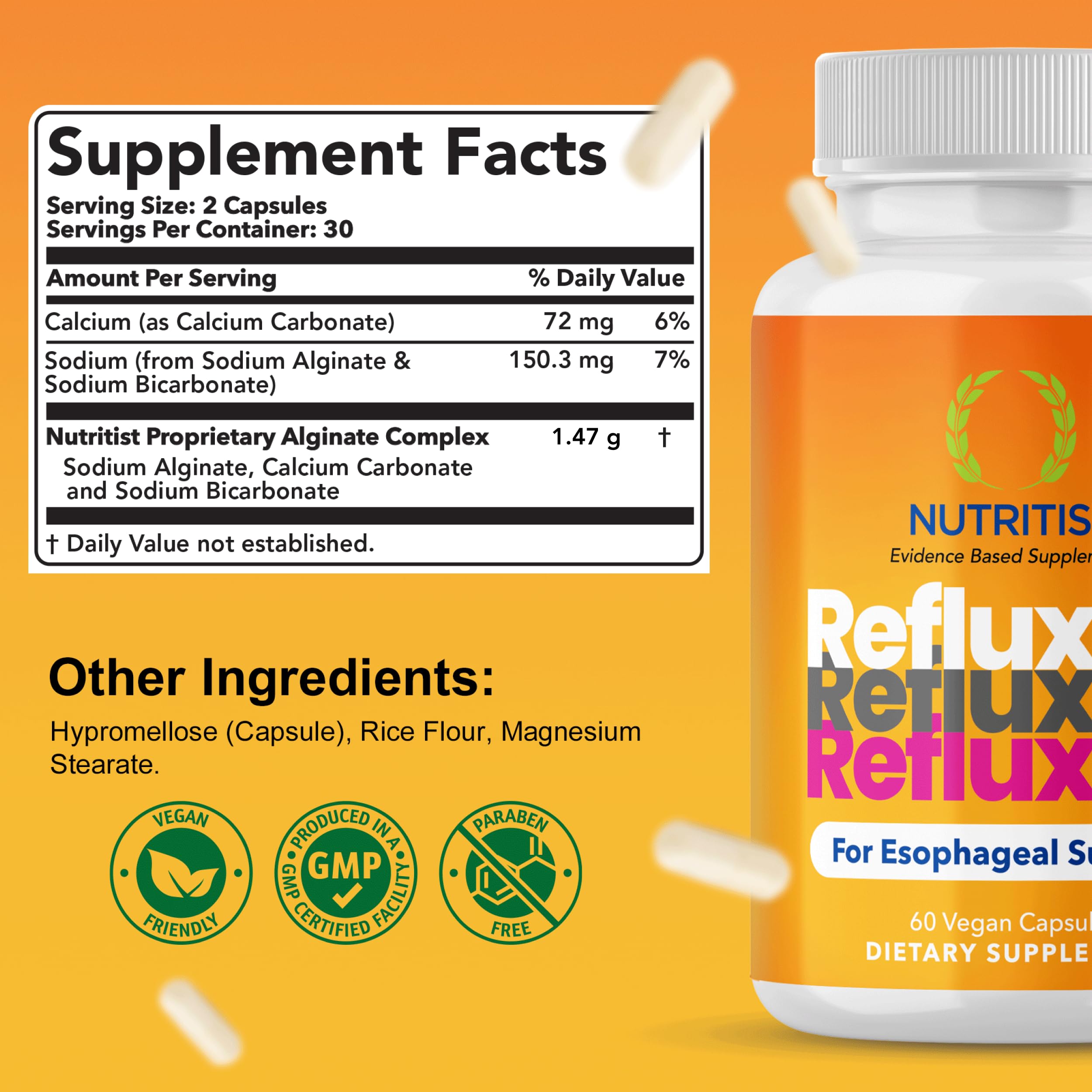 Nutritist Refluxter capsules vegan visibles, pratique après les repas.